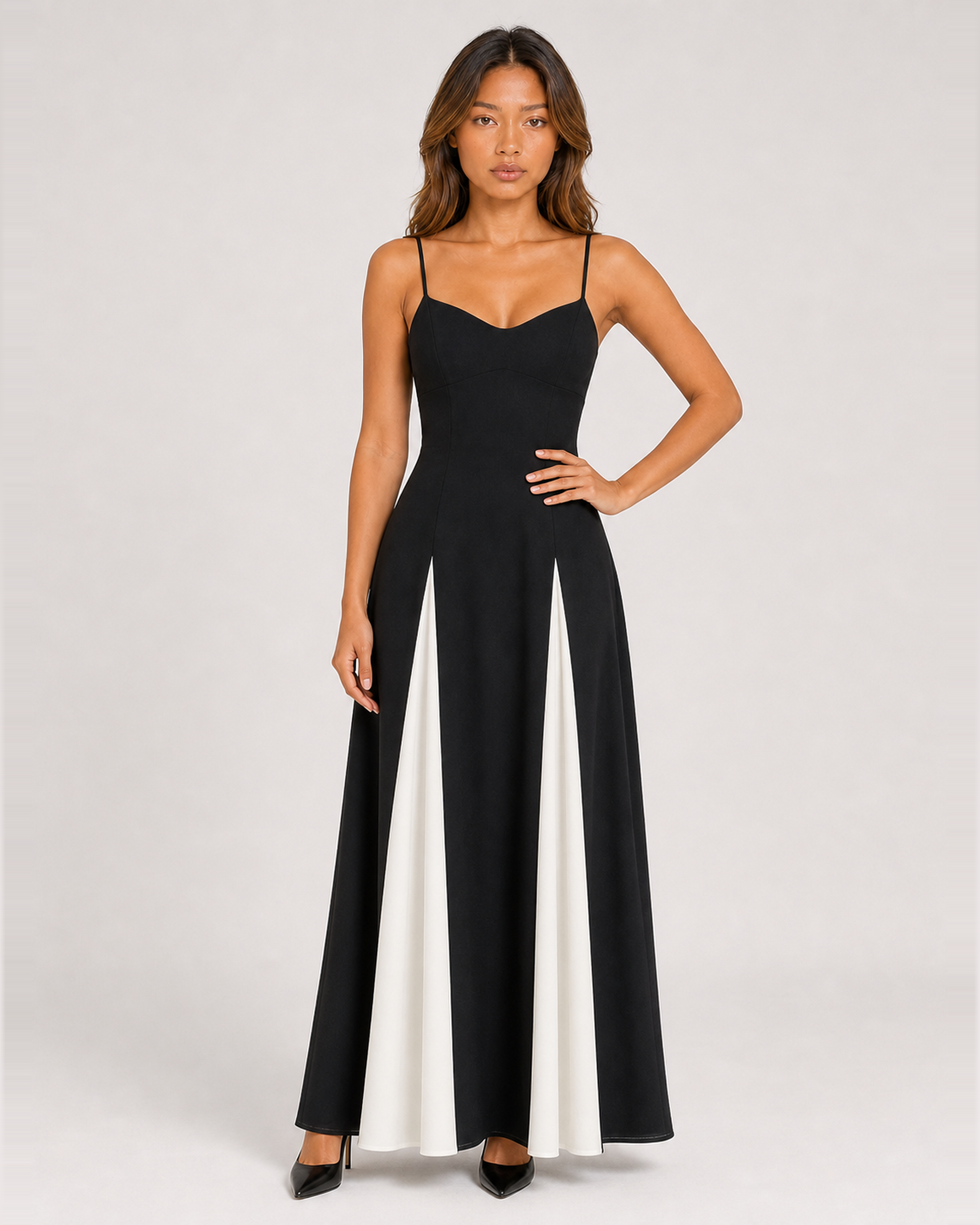 Isadora black and white sweetheart panelled A-line maxi dress - front