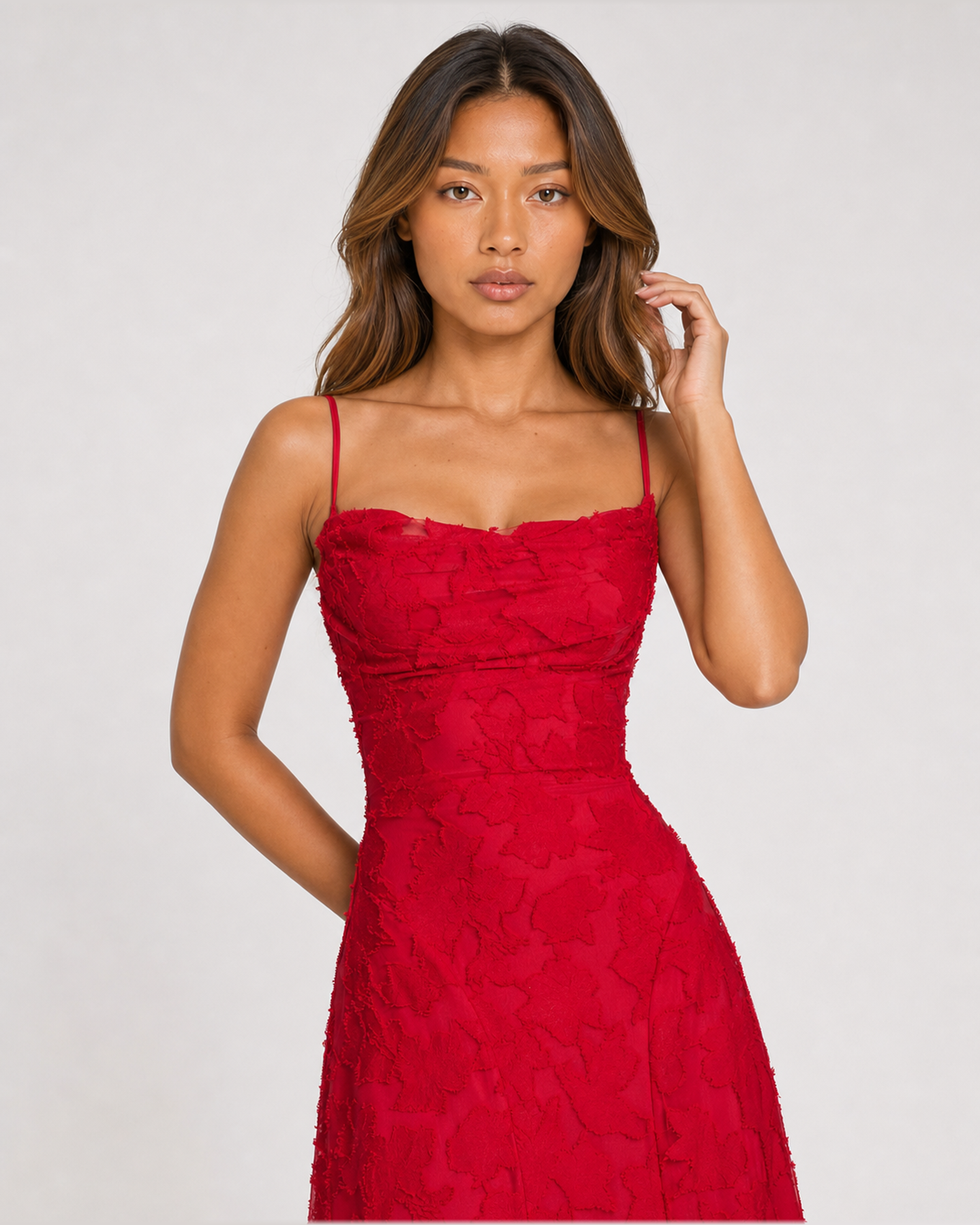 Cecily red floral applique maxi dress - draped neckline close-up