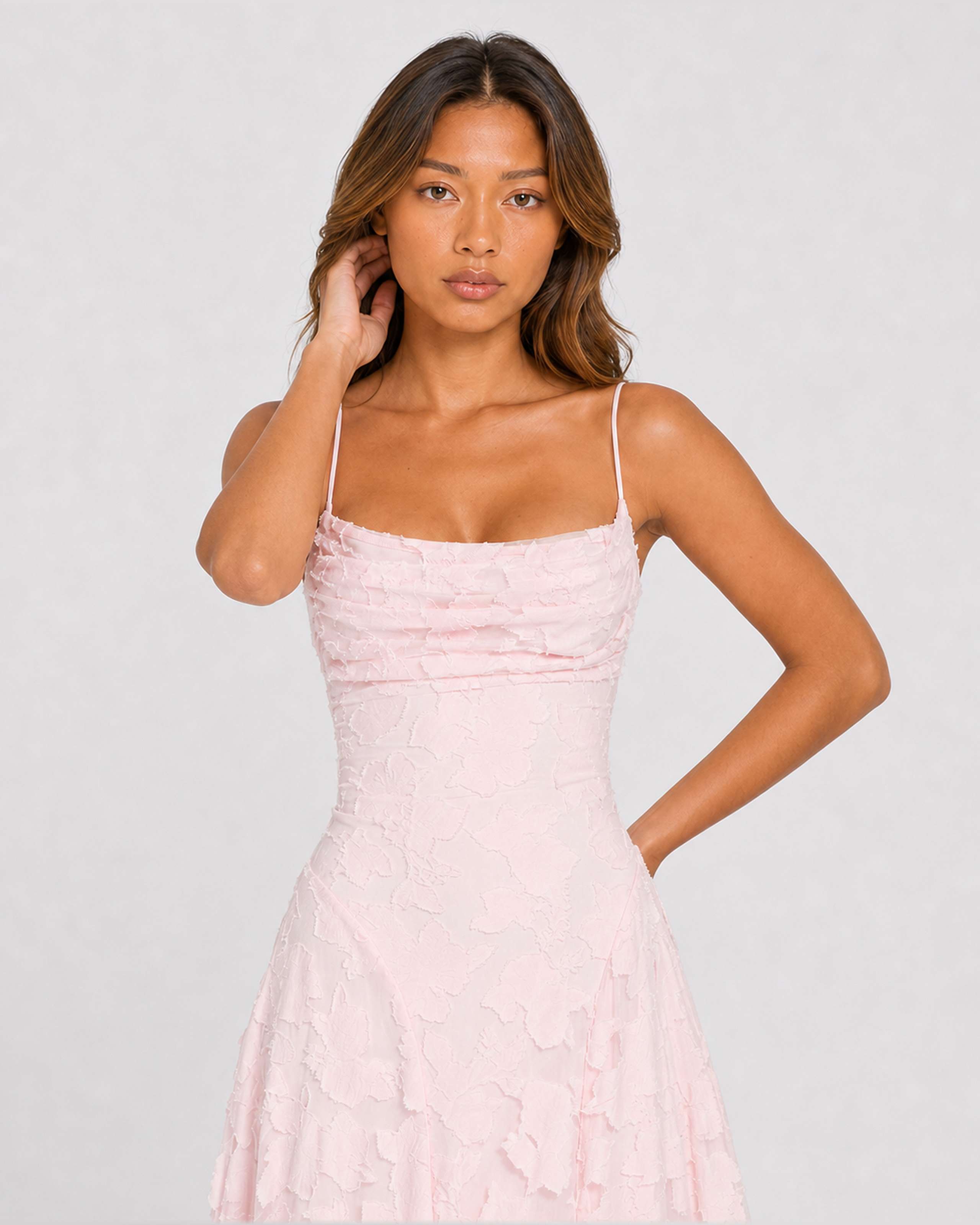 Cecily | Blush Pink Draped-Neck Floral Applique A-Line Maxi Dress with Lace-Up Back - Front garment close-up