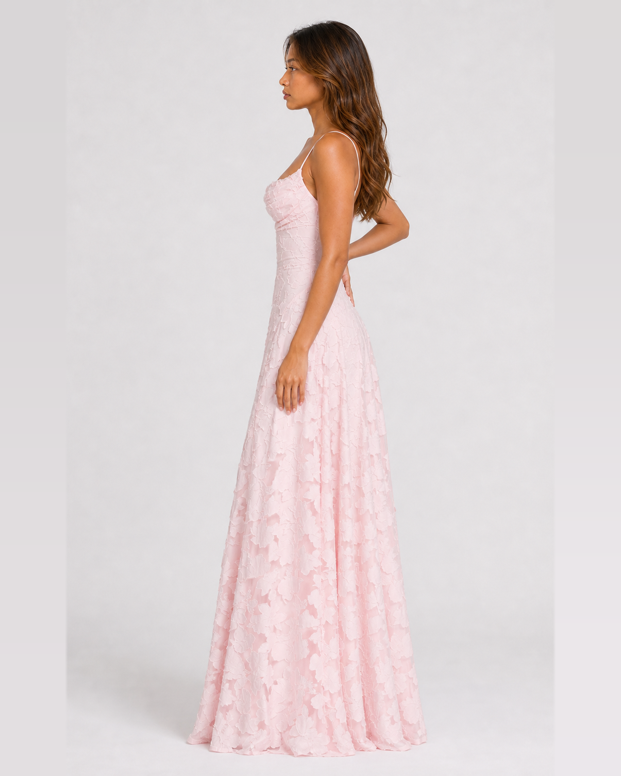Cecily | Blush Pink Draped-Neck Floral Applique A-Line Maxi Dress with Lace-Up Back - Side full-body