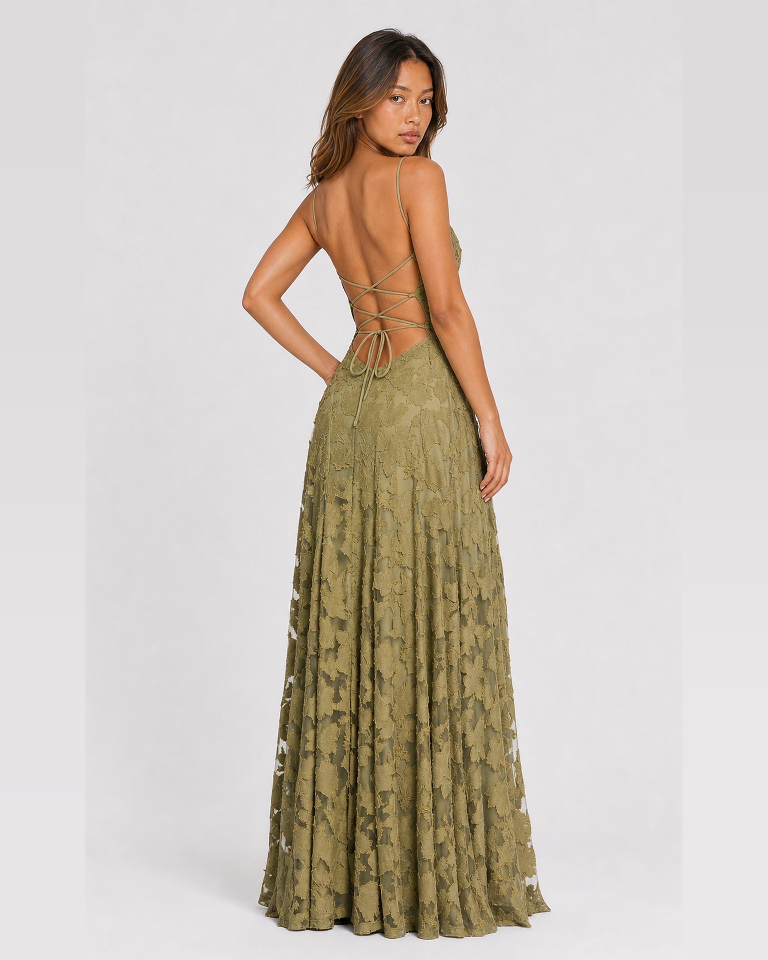 Cecily sage green floral applique maxi dress - lace-up back over shoulder