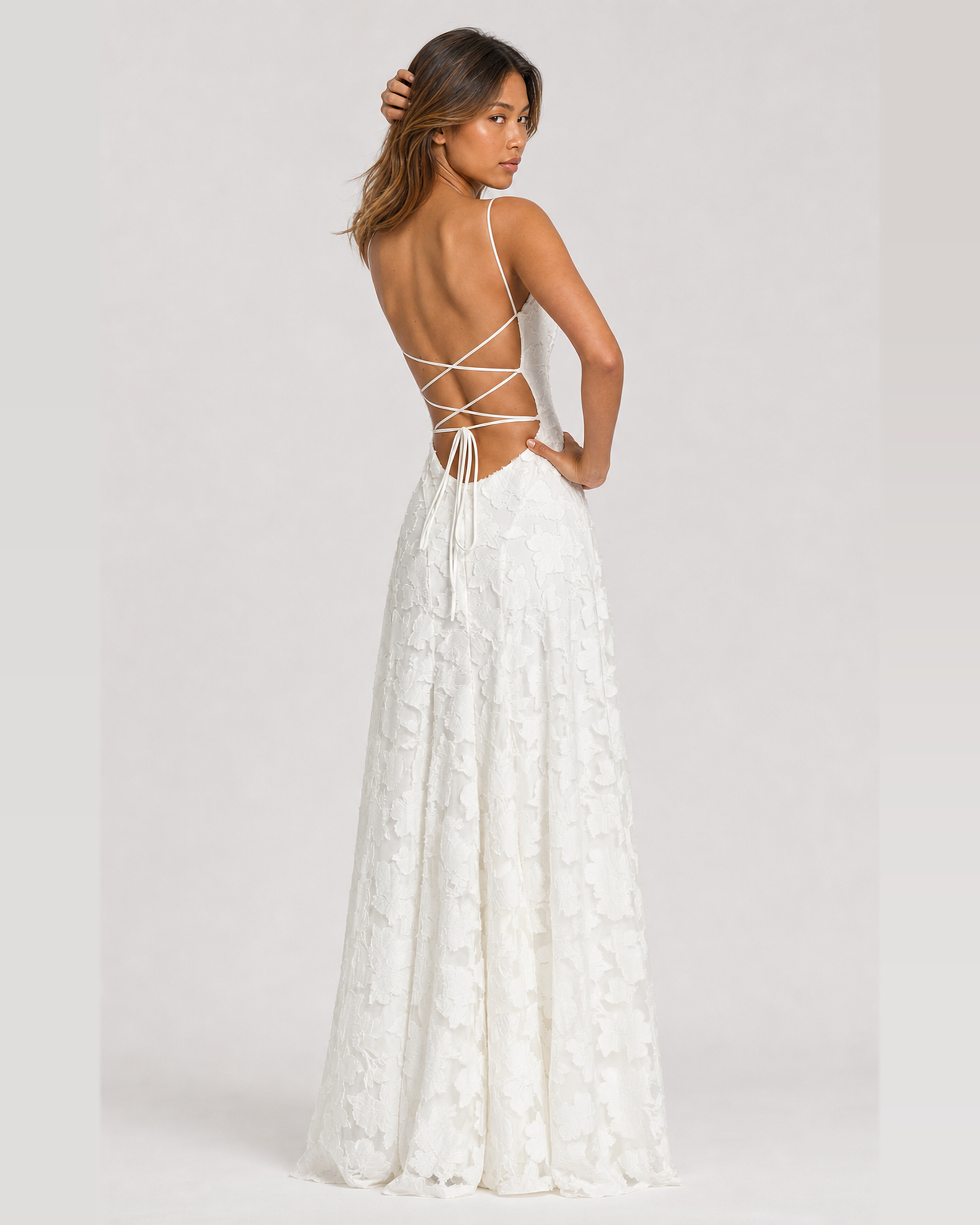 Cecily white floral applique maxi dress - lace-up back over shoulder
