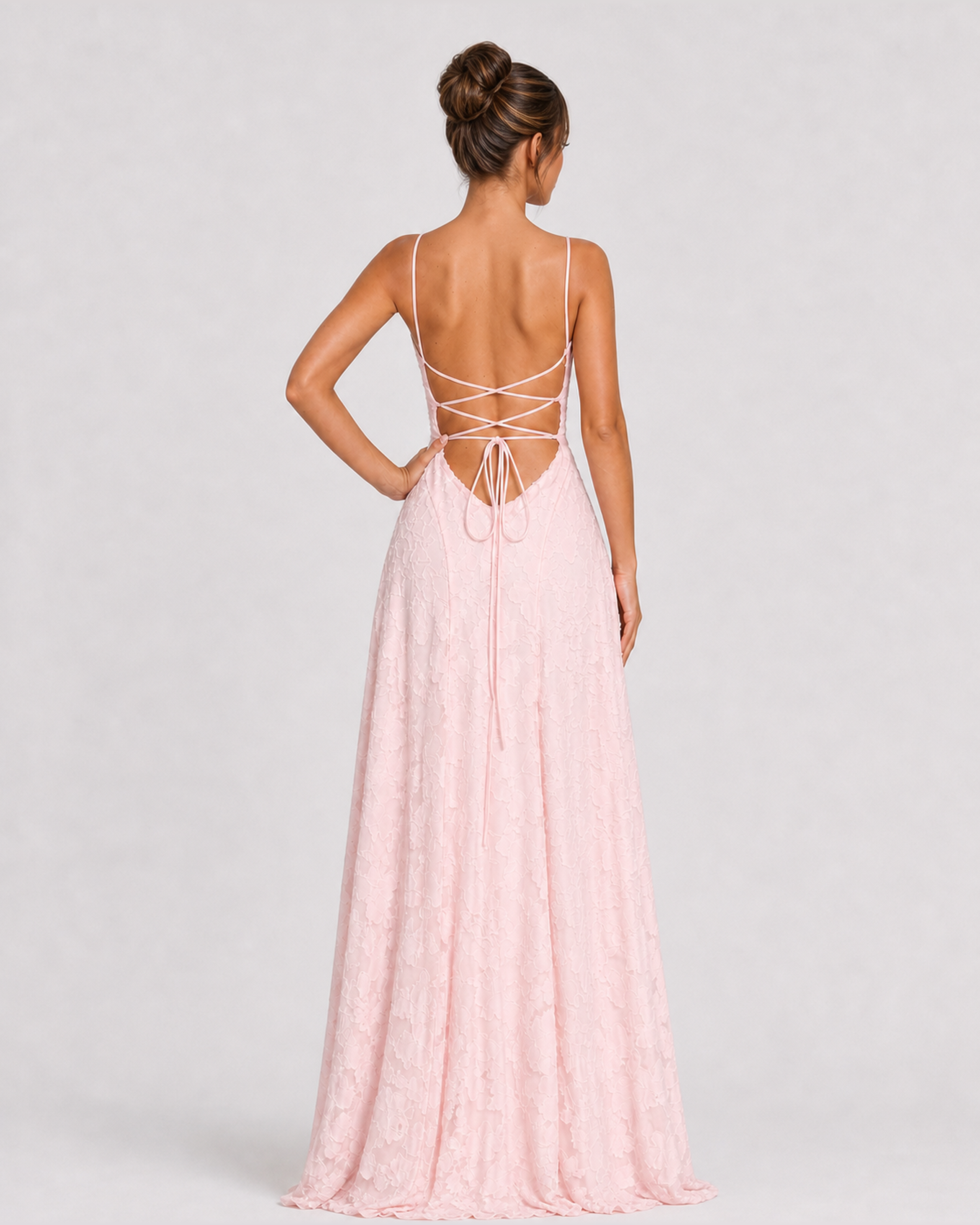 Cecily | Blush Pink Draped-Neck Floral Applique A-Line Maxi Dress with Lace-Up Back - Straight back