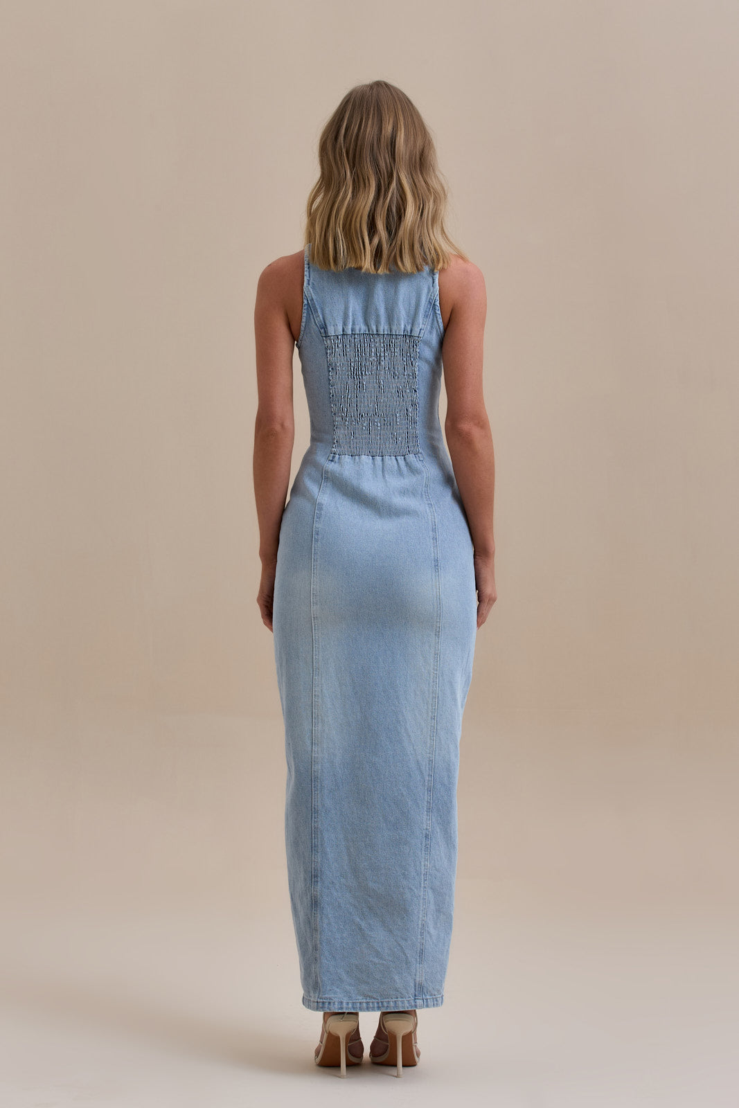 Hazel Doe Marlowe Mid Wash Blue Denim Halterneck Collar Maxi Dress 08