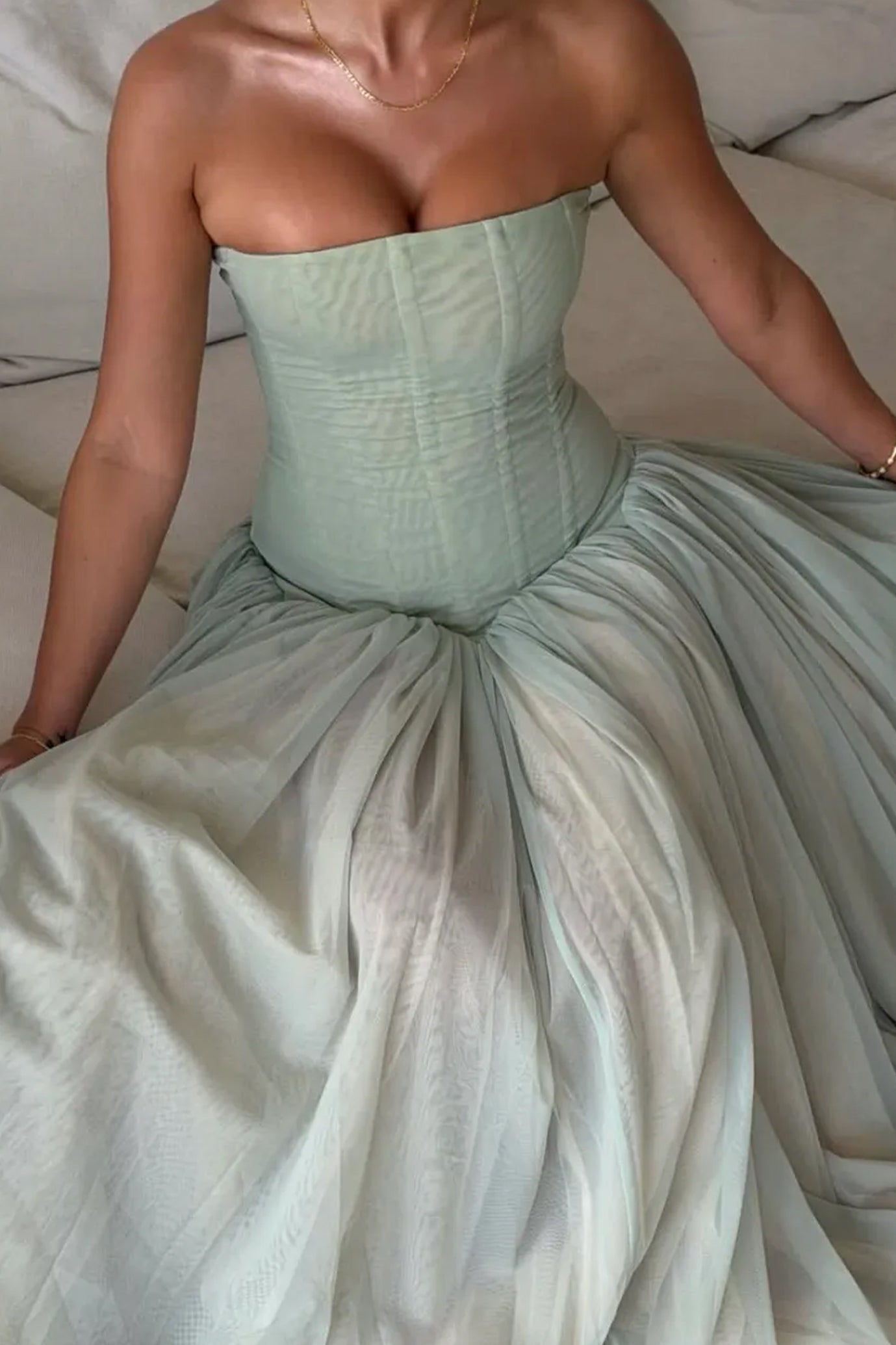 Odelie sage green tulle maxi gown - three-quarter