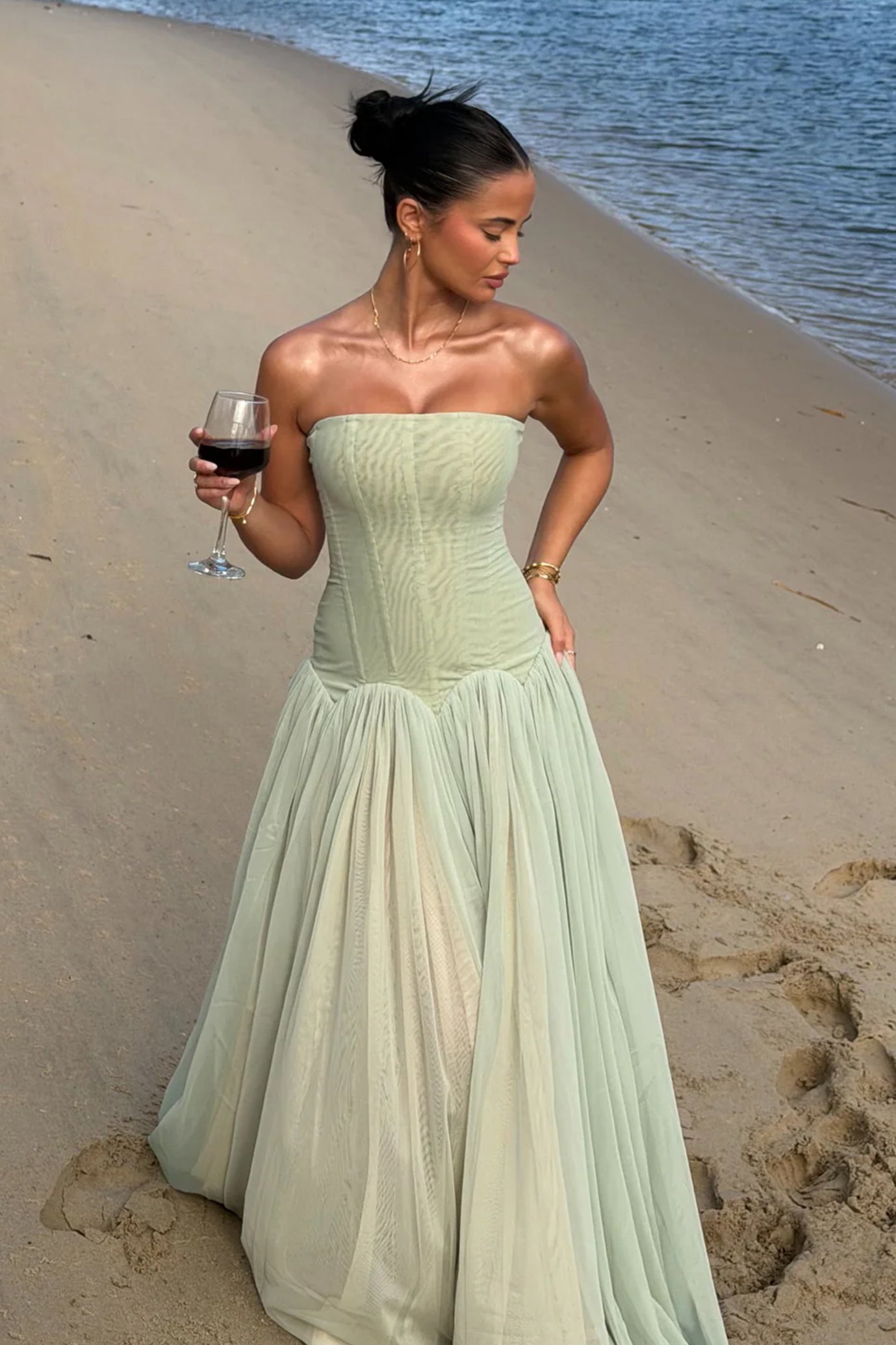 Odelie sage green tulle maxi gown - detail