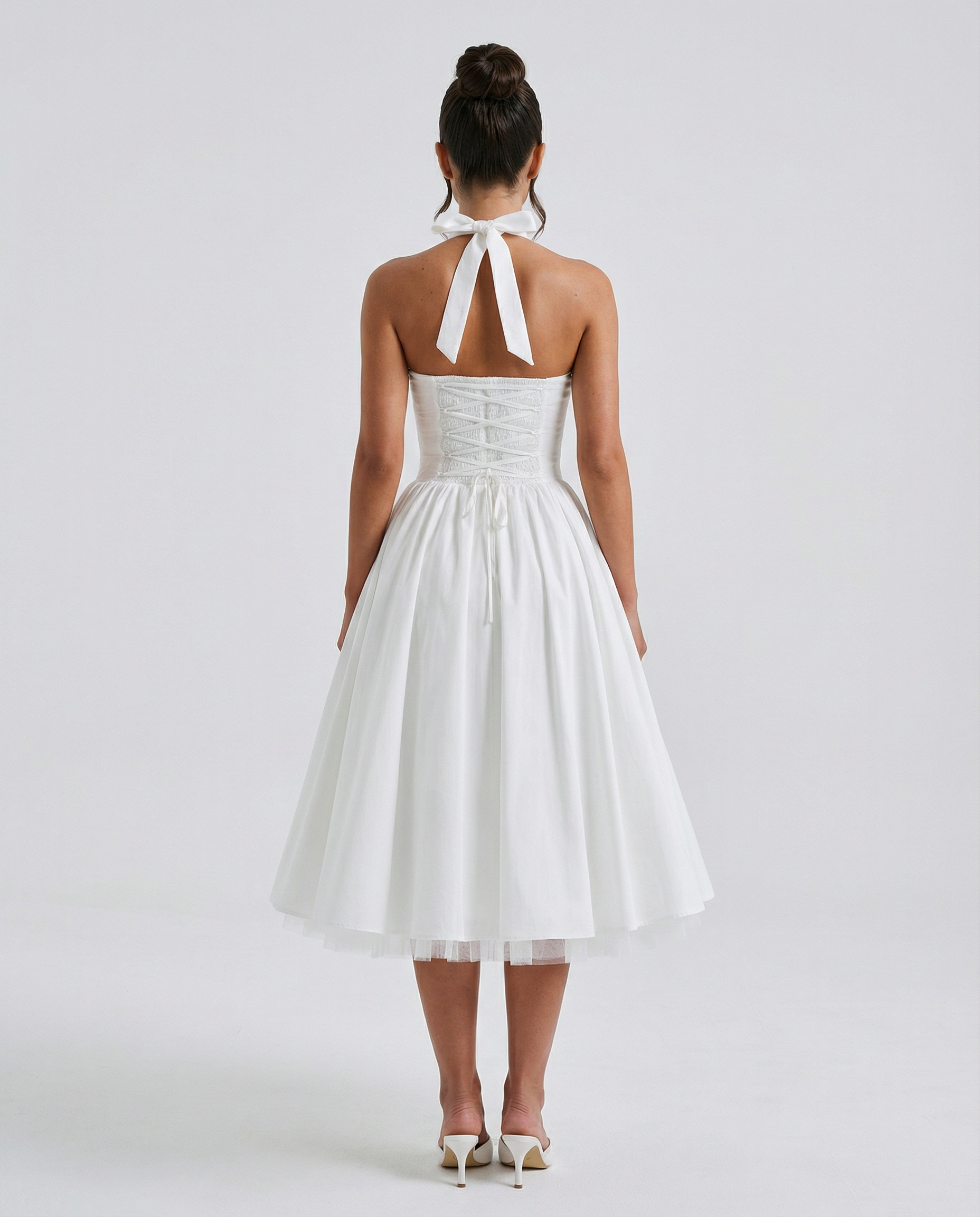 Lena | White Halter Neck Midi Dress with Lace-Up Back