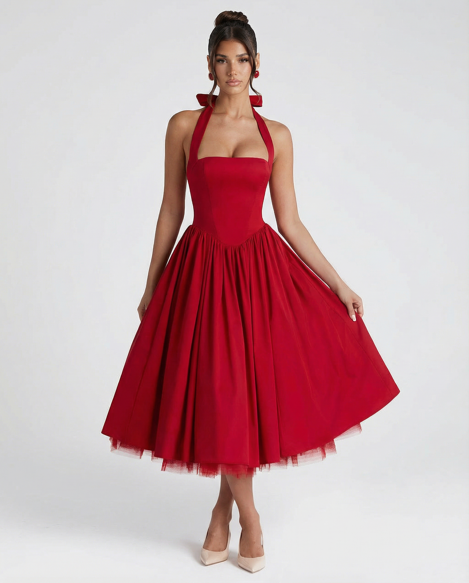 Lena | Red Halter Neck Midi Dress with Lace-Up Back
