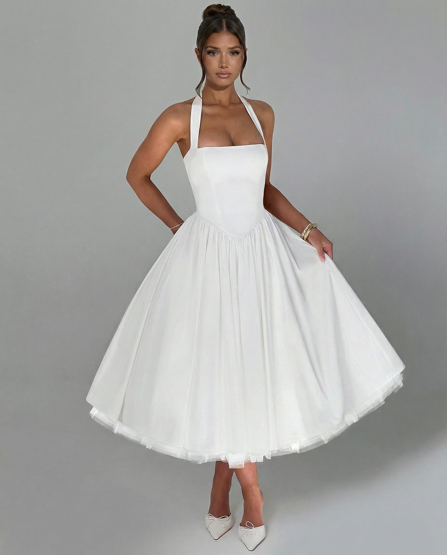 Lena | White Halter Neck Midi Dress with Lace-Up Back