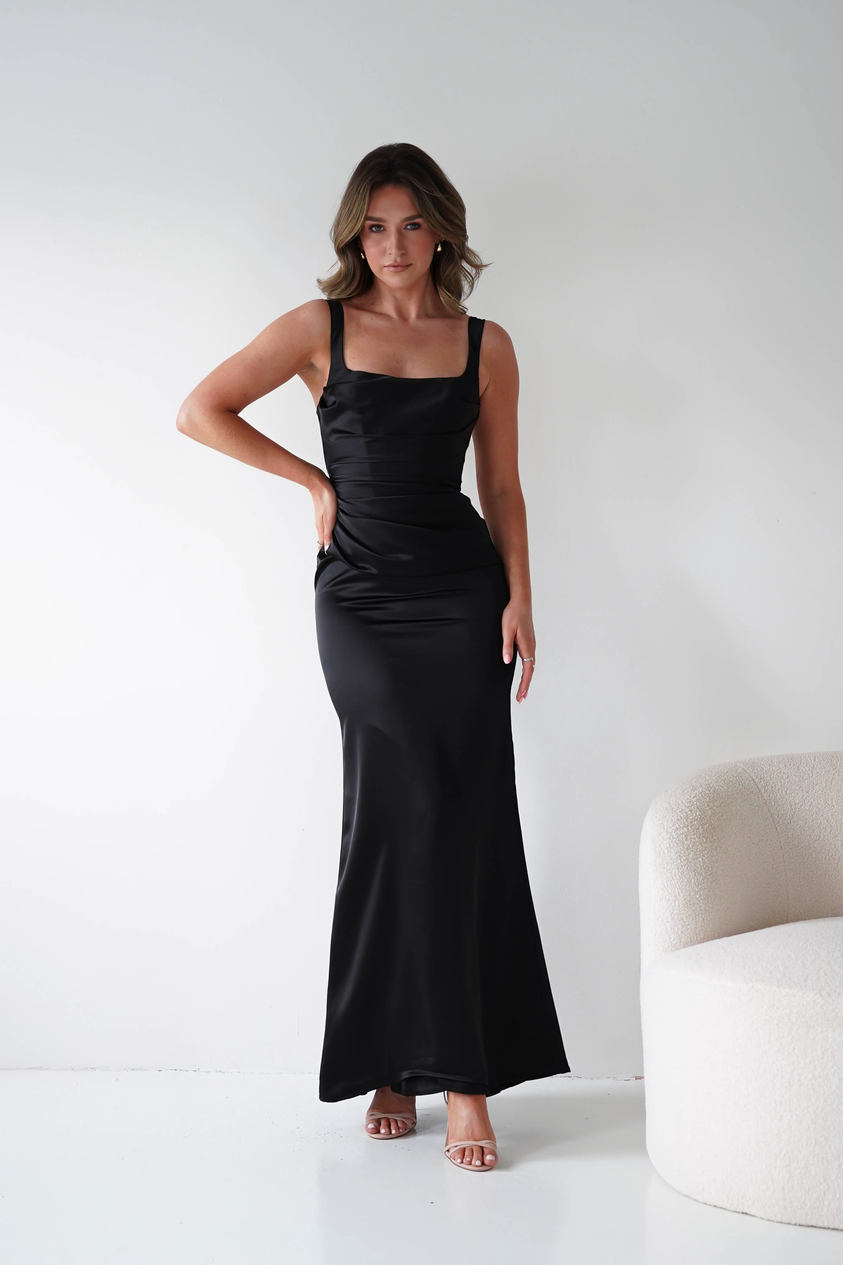 Nora black satin column maxi gown - front