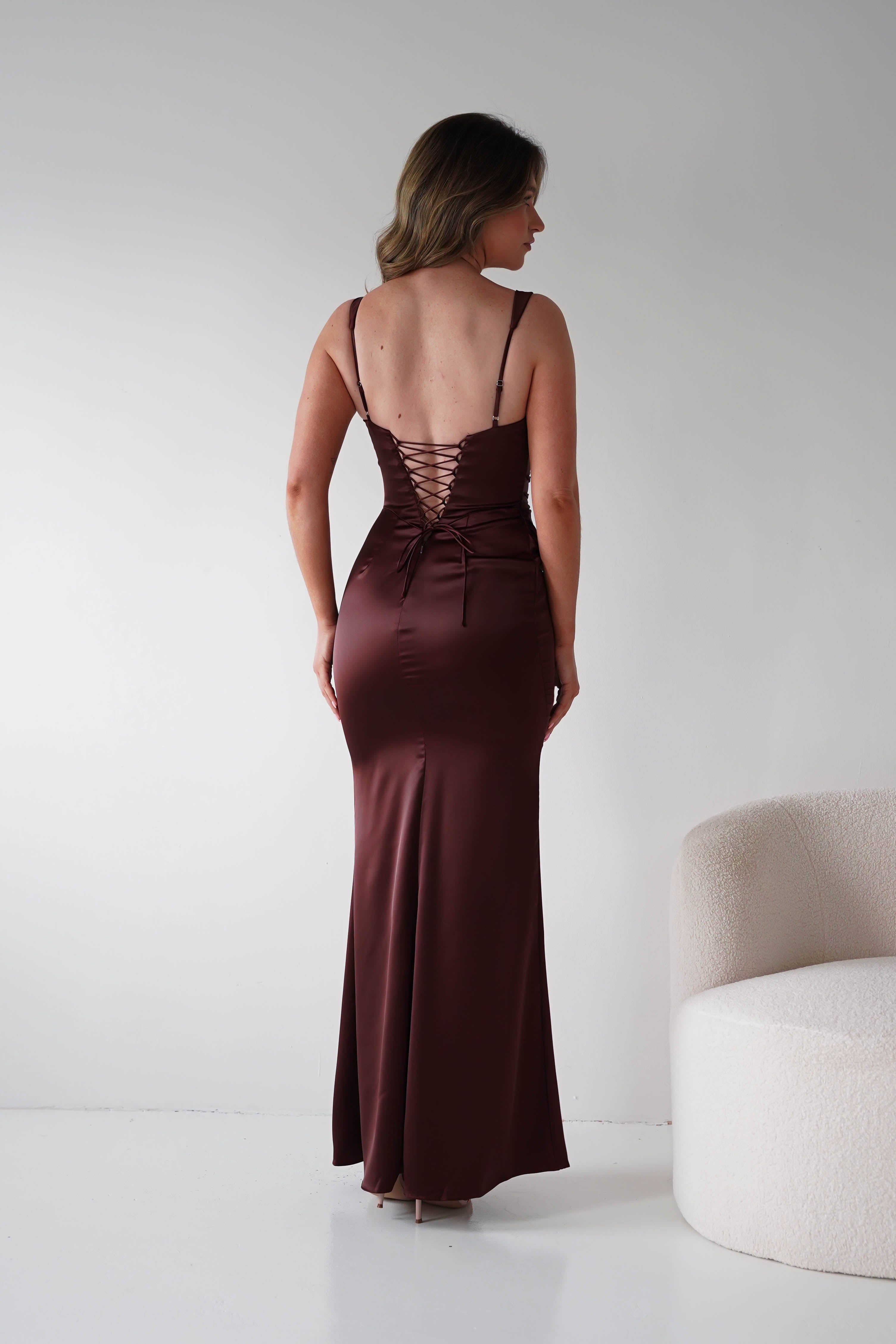 Nora brown satin column maxi gown - bodice detail