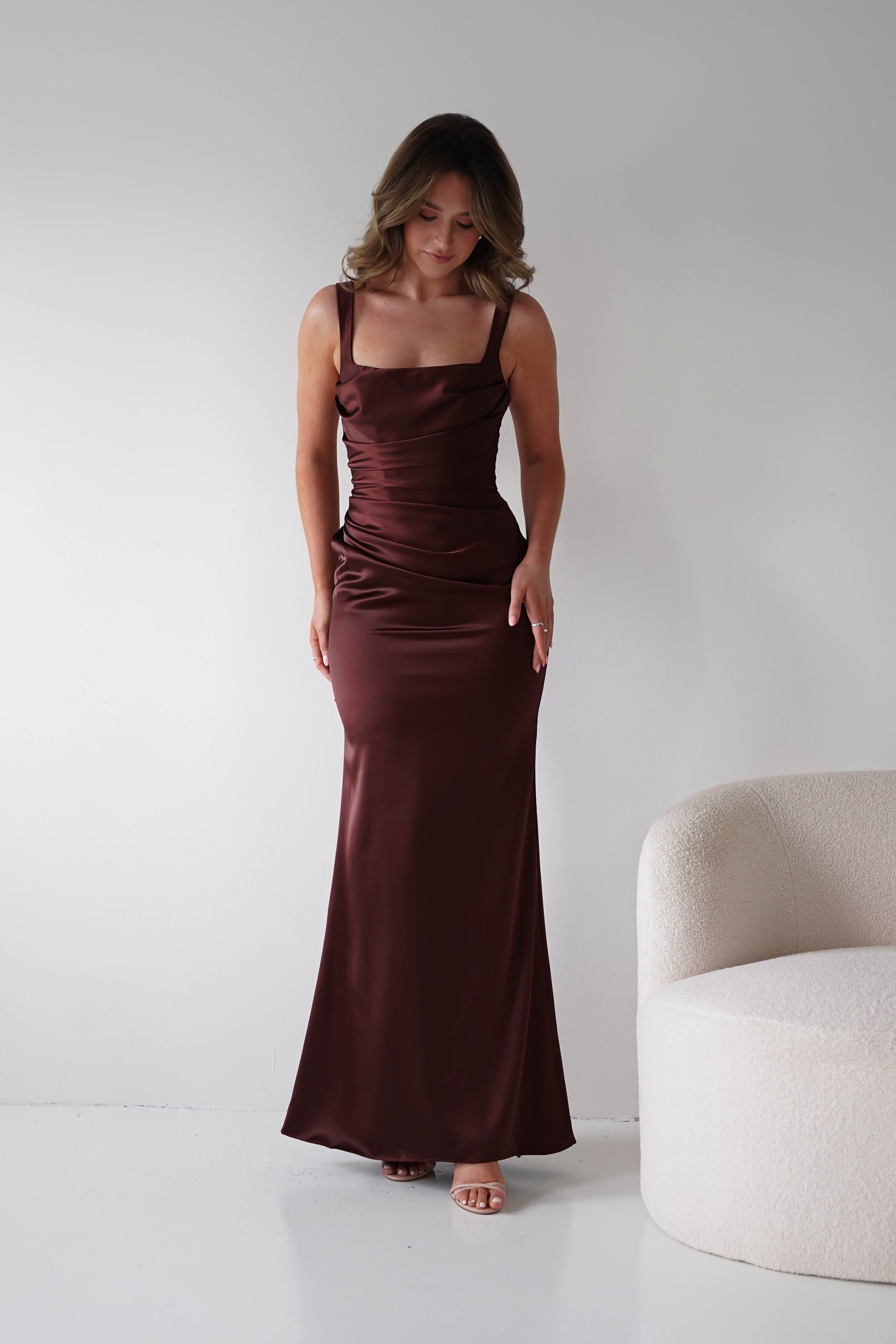 Nora brown satin column maxi gown - front