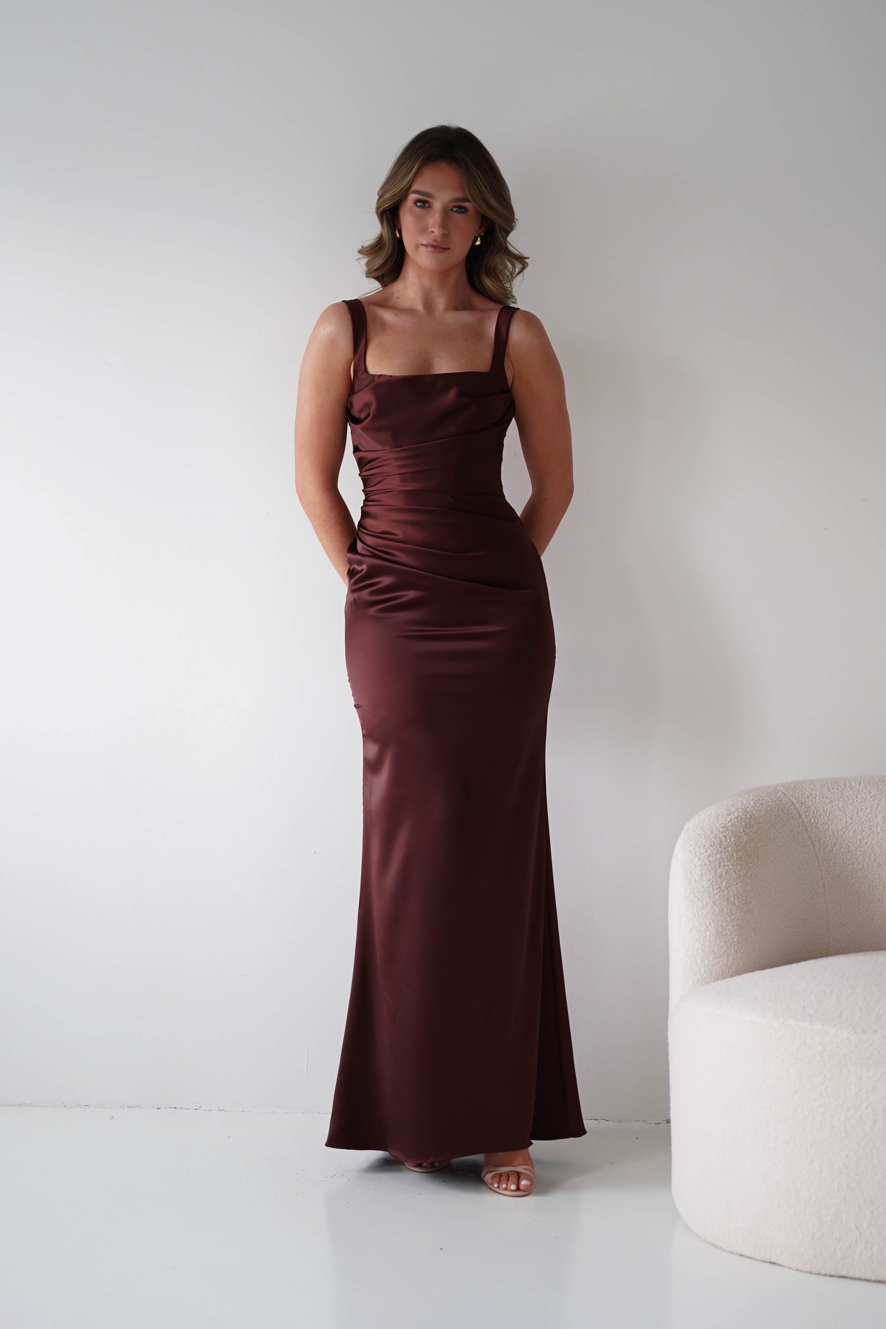 Nora brown satin column maxi gown - side