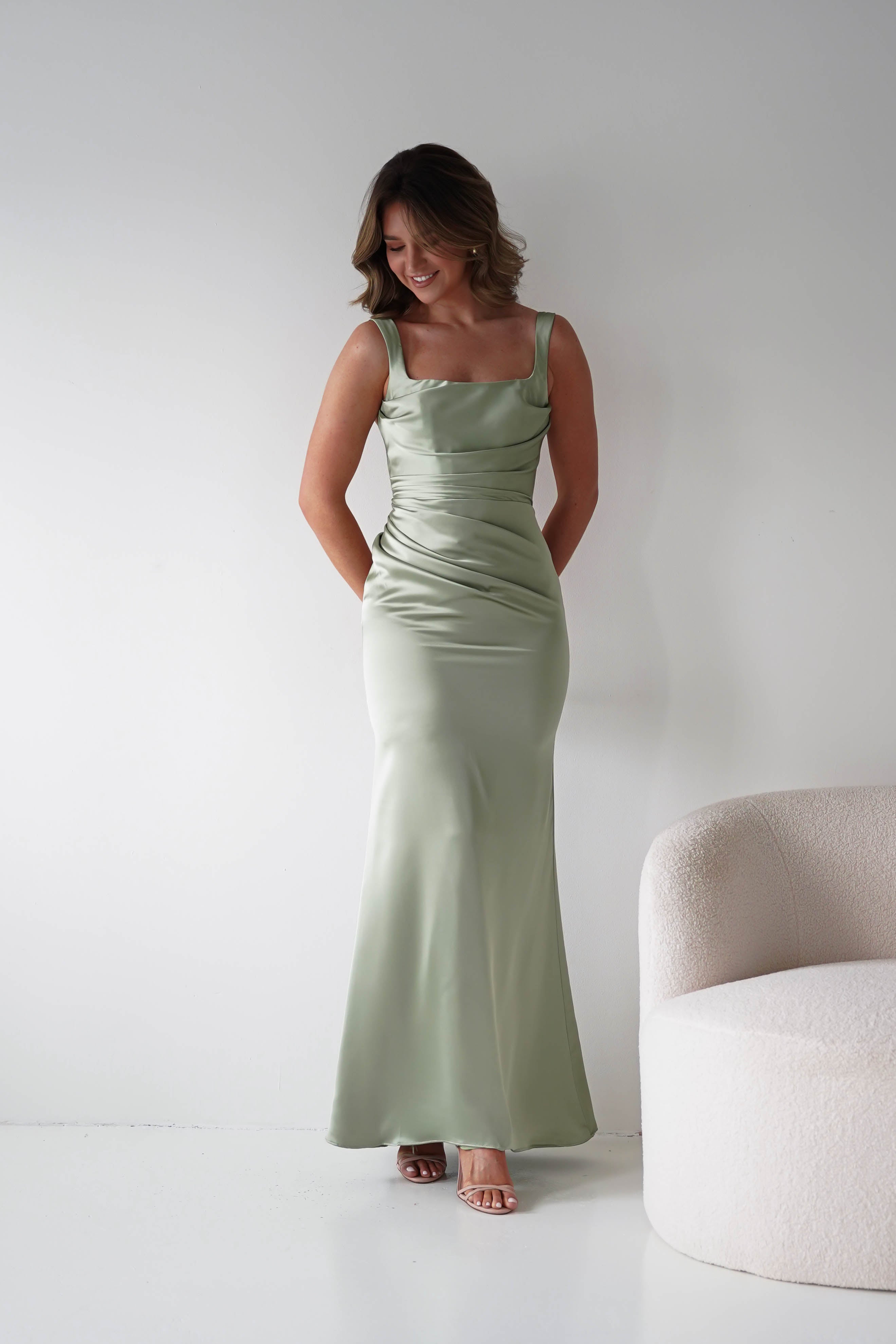 Nora sage green satin column maxi gown - front
