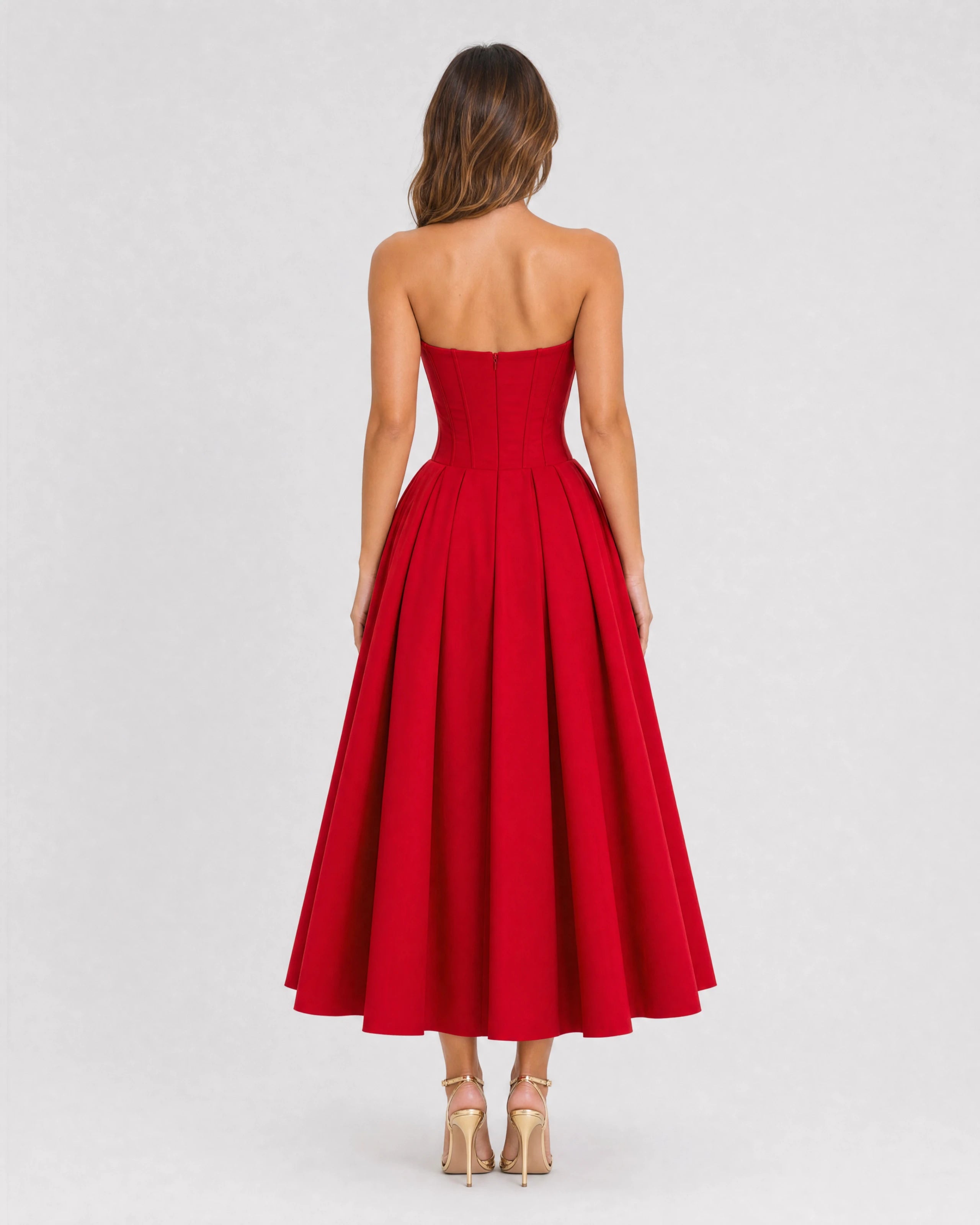 Adeline red corset midi dress with full pleated skirt - back view