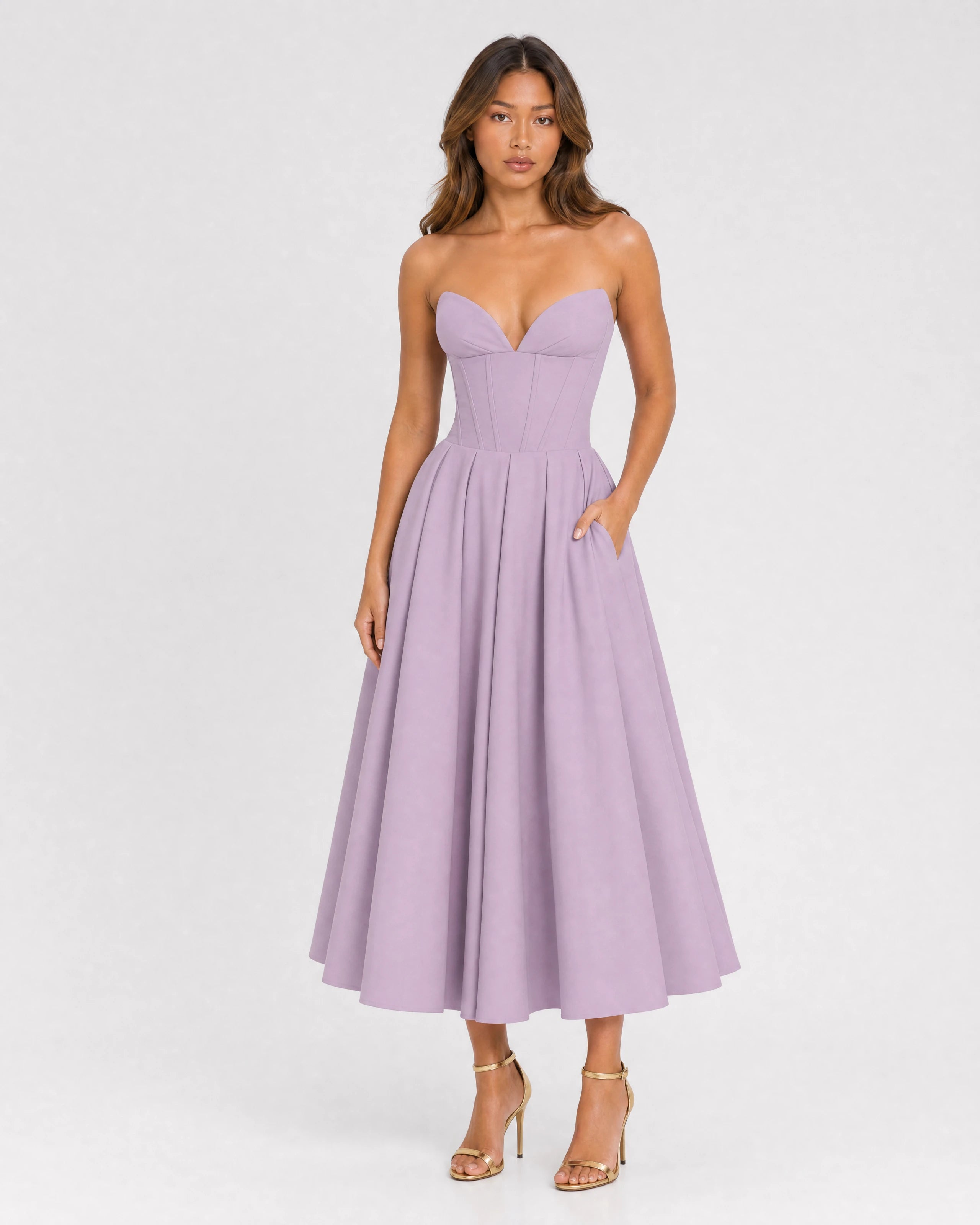 Adeline violet corset midi dress with full pleated skirt - front view alternate pose