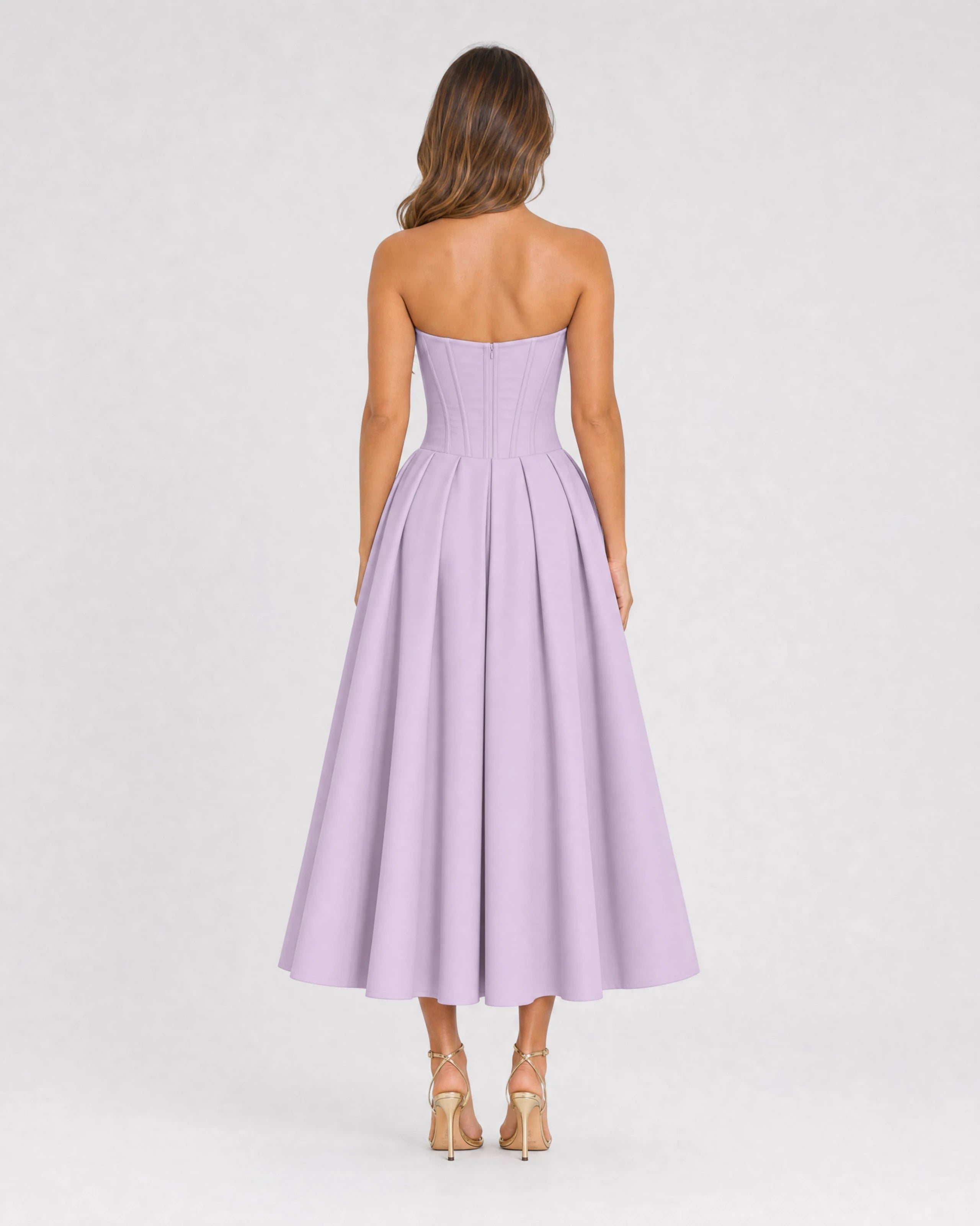 Adeline violet corset midi dress with full pleated skirt - back view