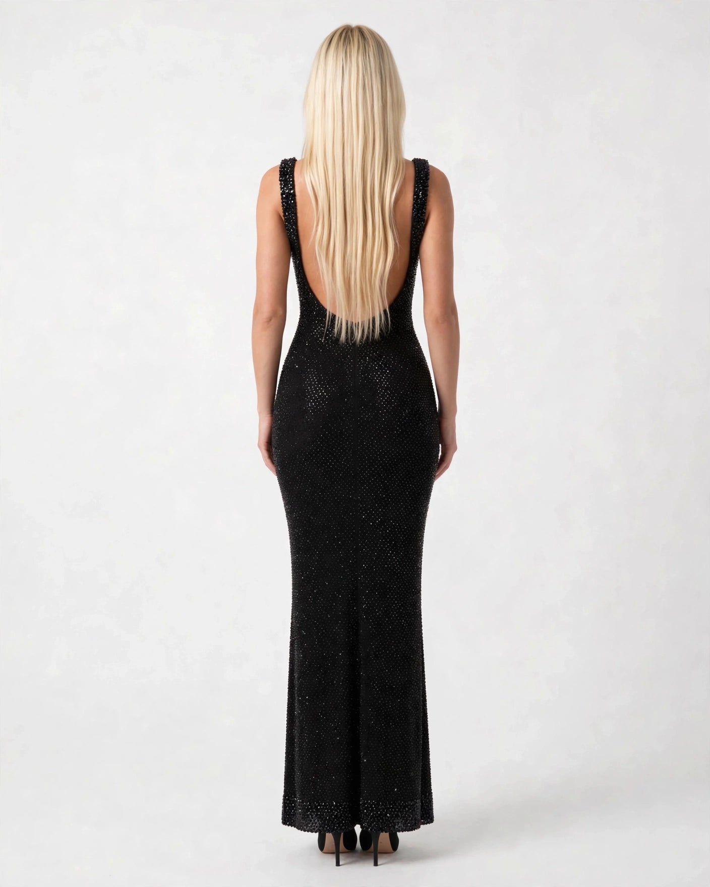 Aurelia black rhinestone sheer maxi gown - open back view