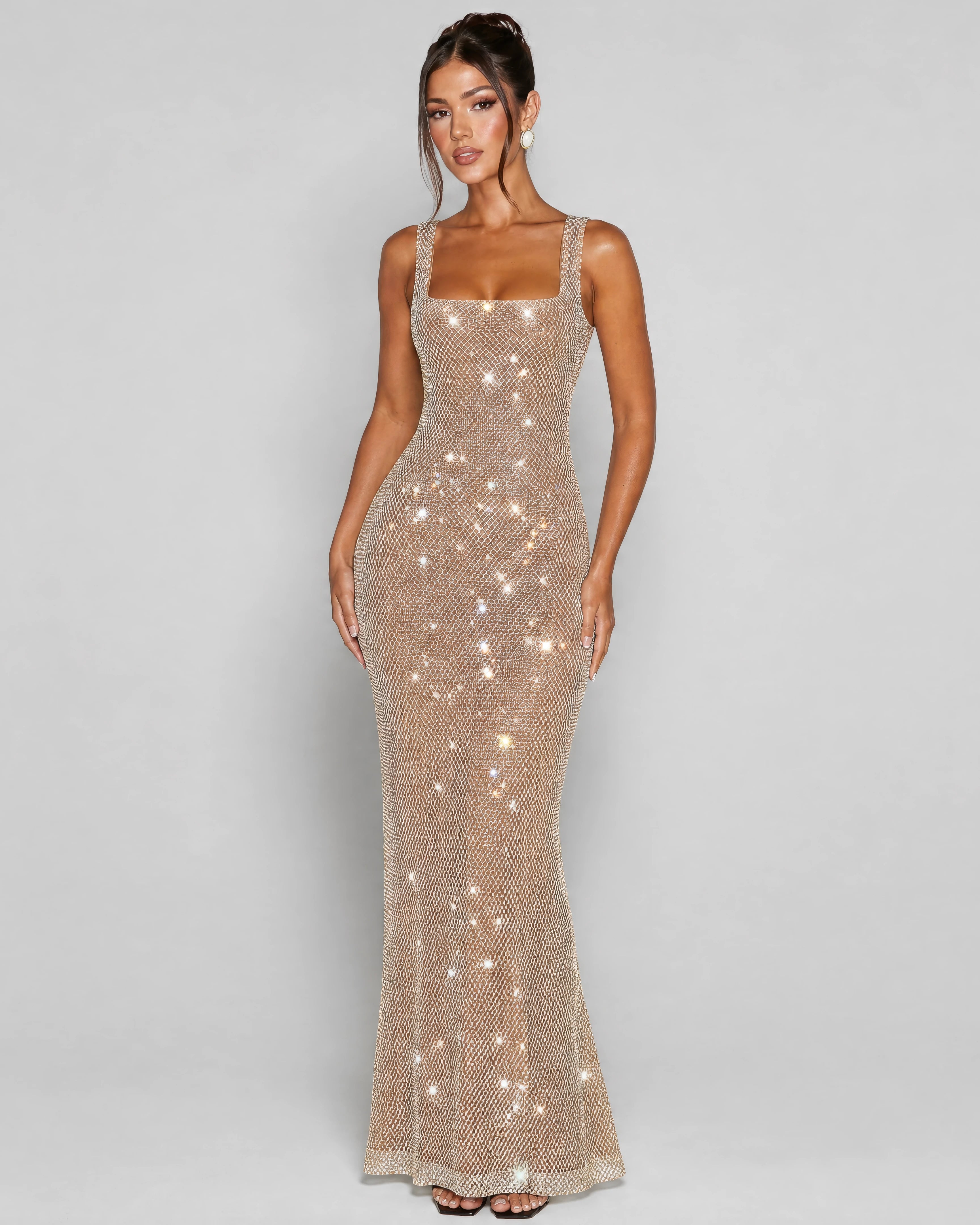 Aurelia rhinestone gown in gold, studio front