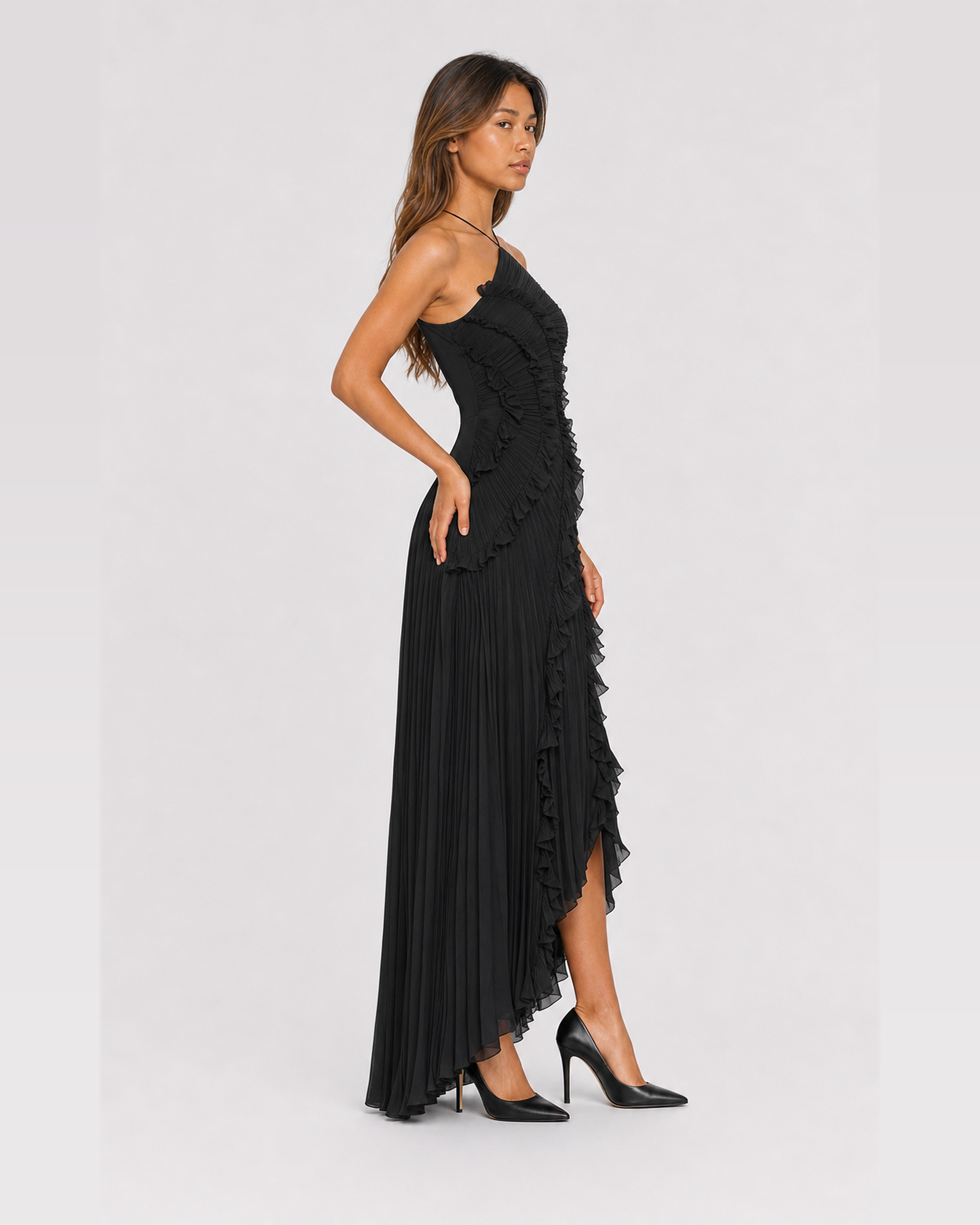 Aveline Black maxi dress, side view