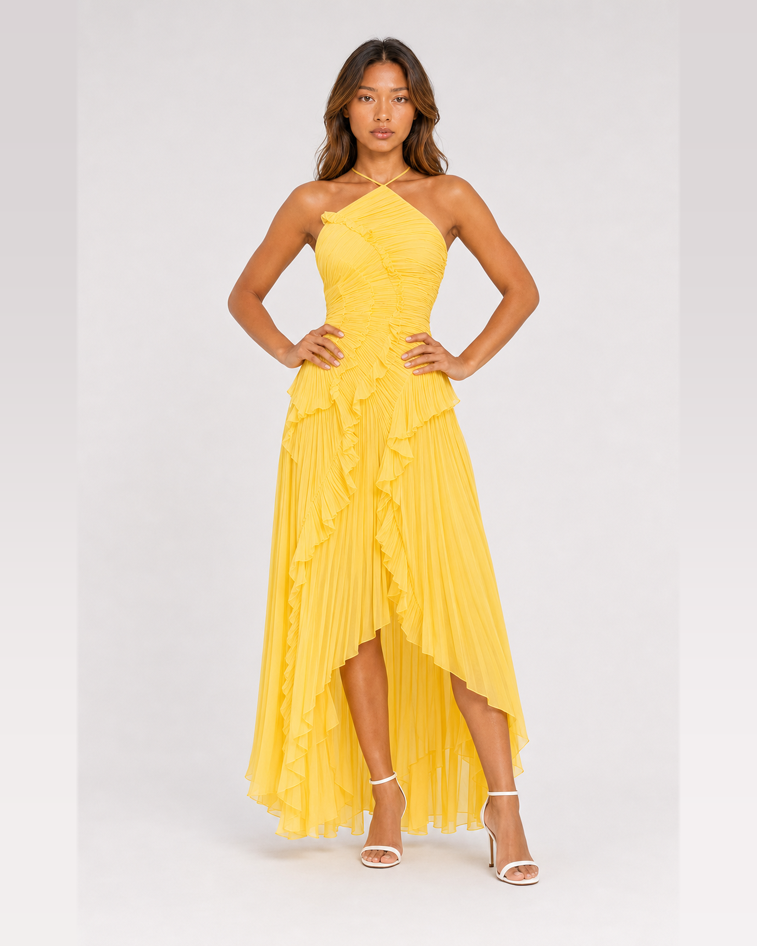 Aveline Lemon asymmetric pleated halter ruffle maxi dress, front view