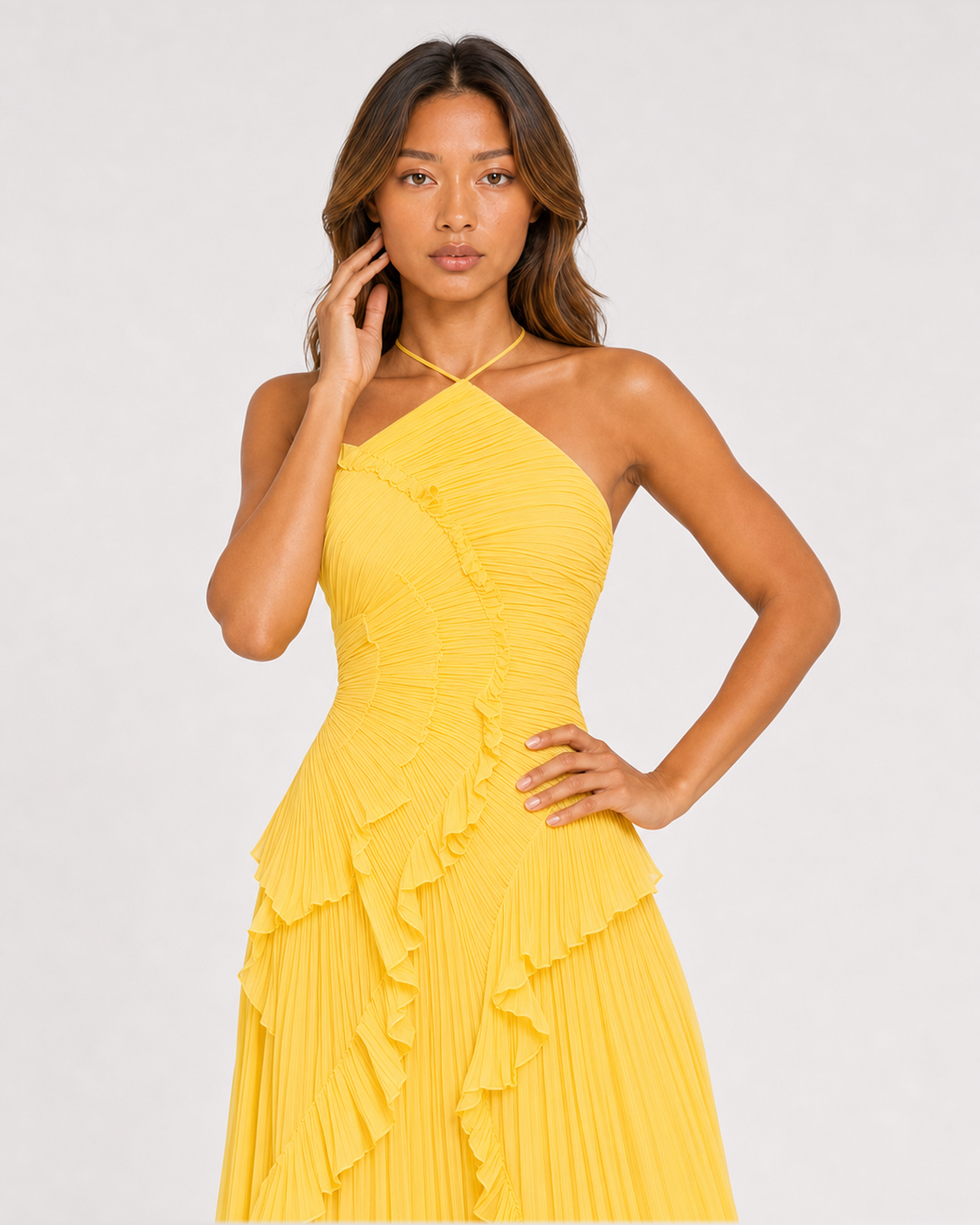 Aveline Lemon maxi dress, front close-up of pleated bodice and ruffles