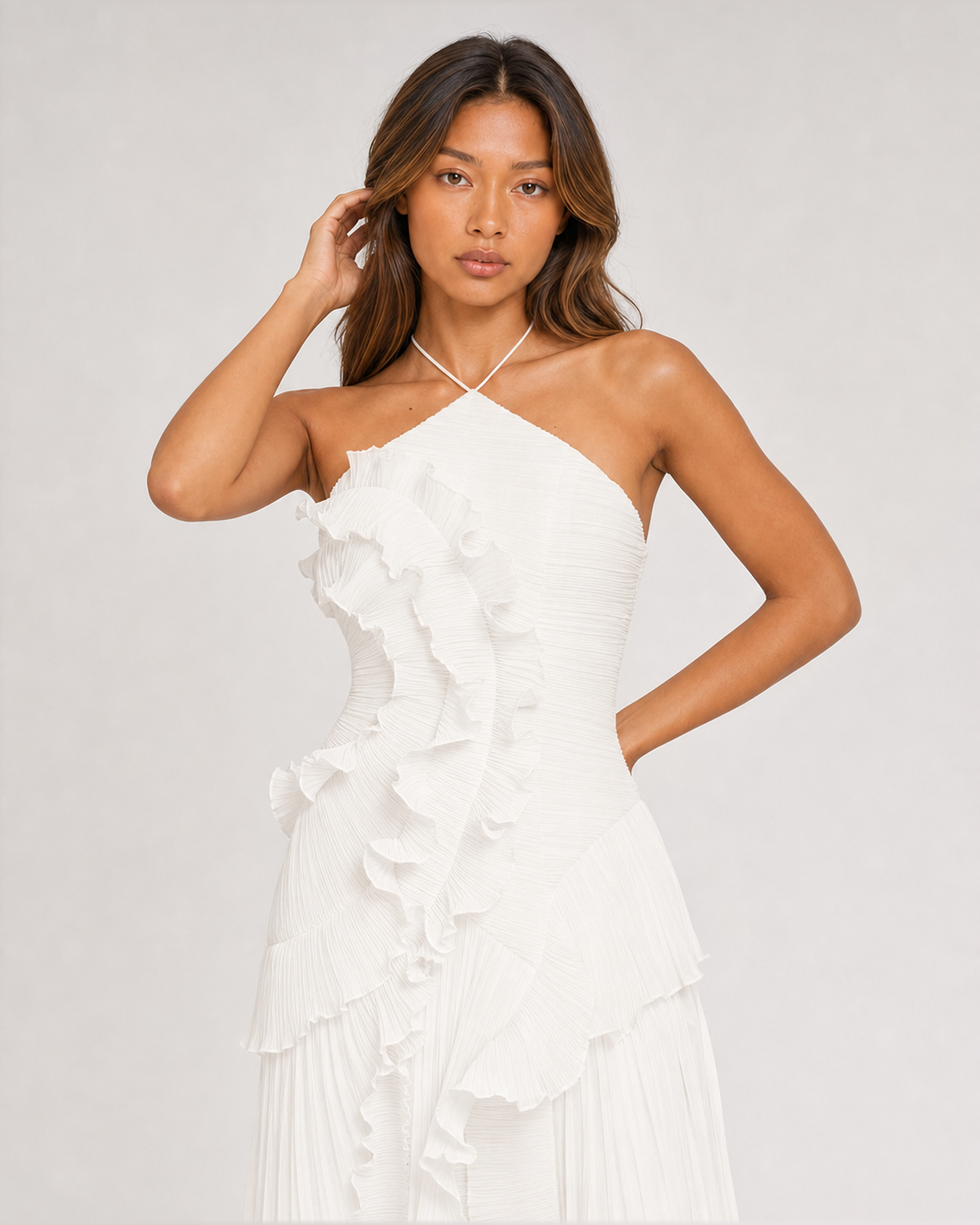 Aveline White maxi dress, front close-up of pleated bodice and ruffles