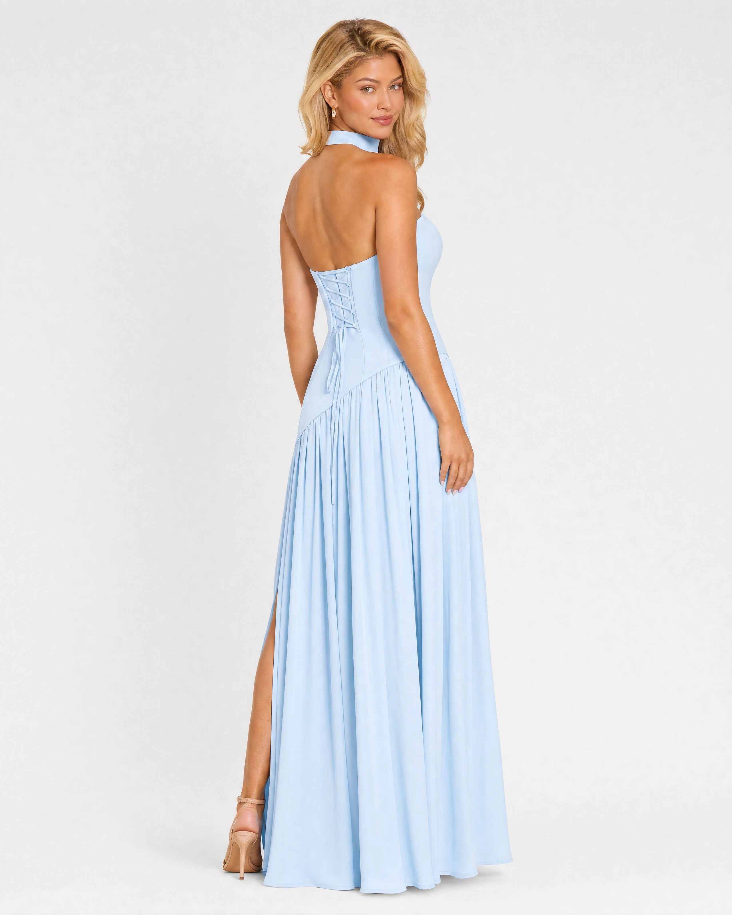 Bianca baby blue choker-neck maxi dress - back three-quarter