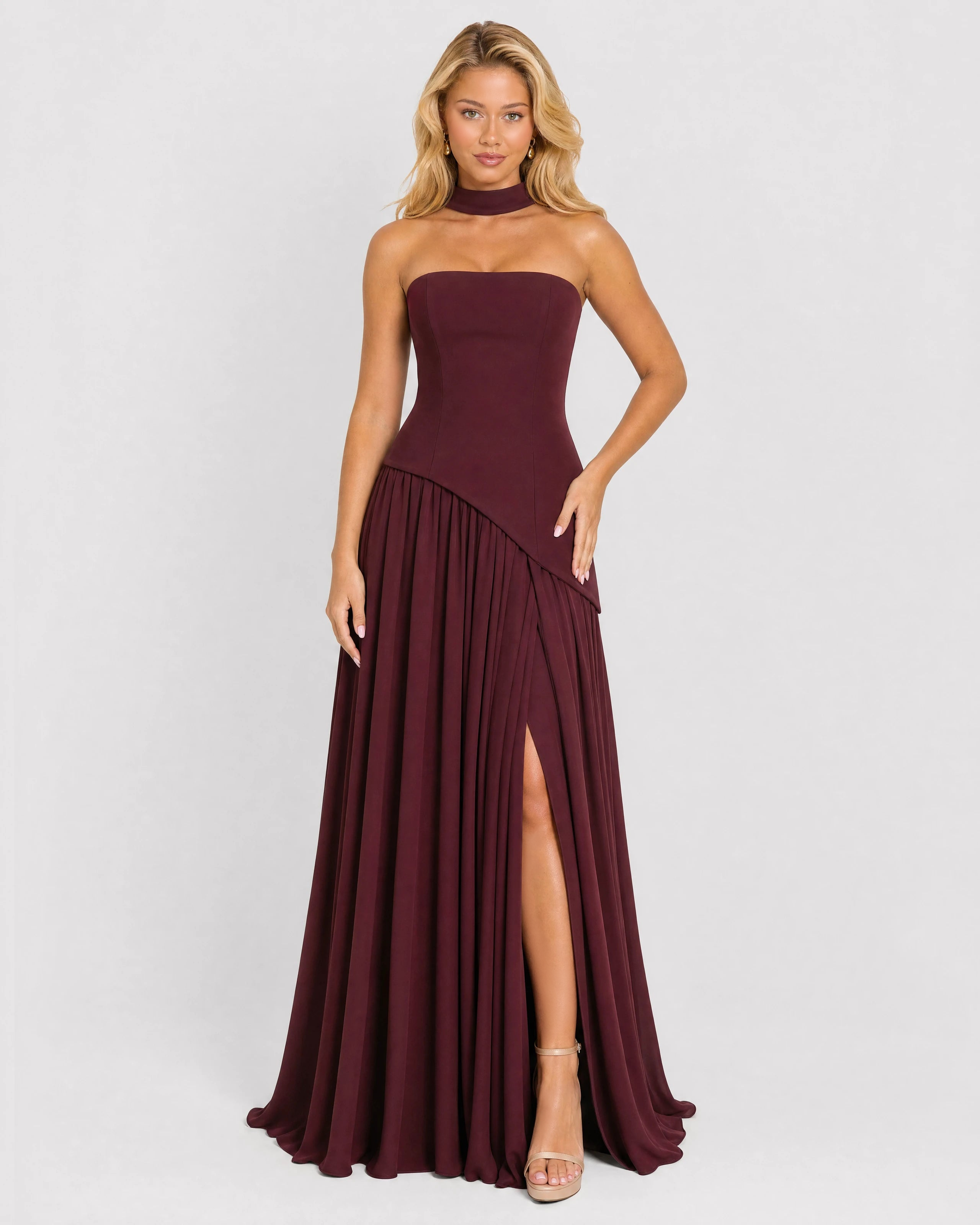 Bianca burgundy choker-neck maxi dress - front three-quarter