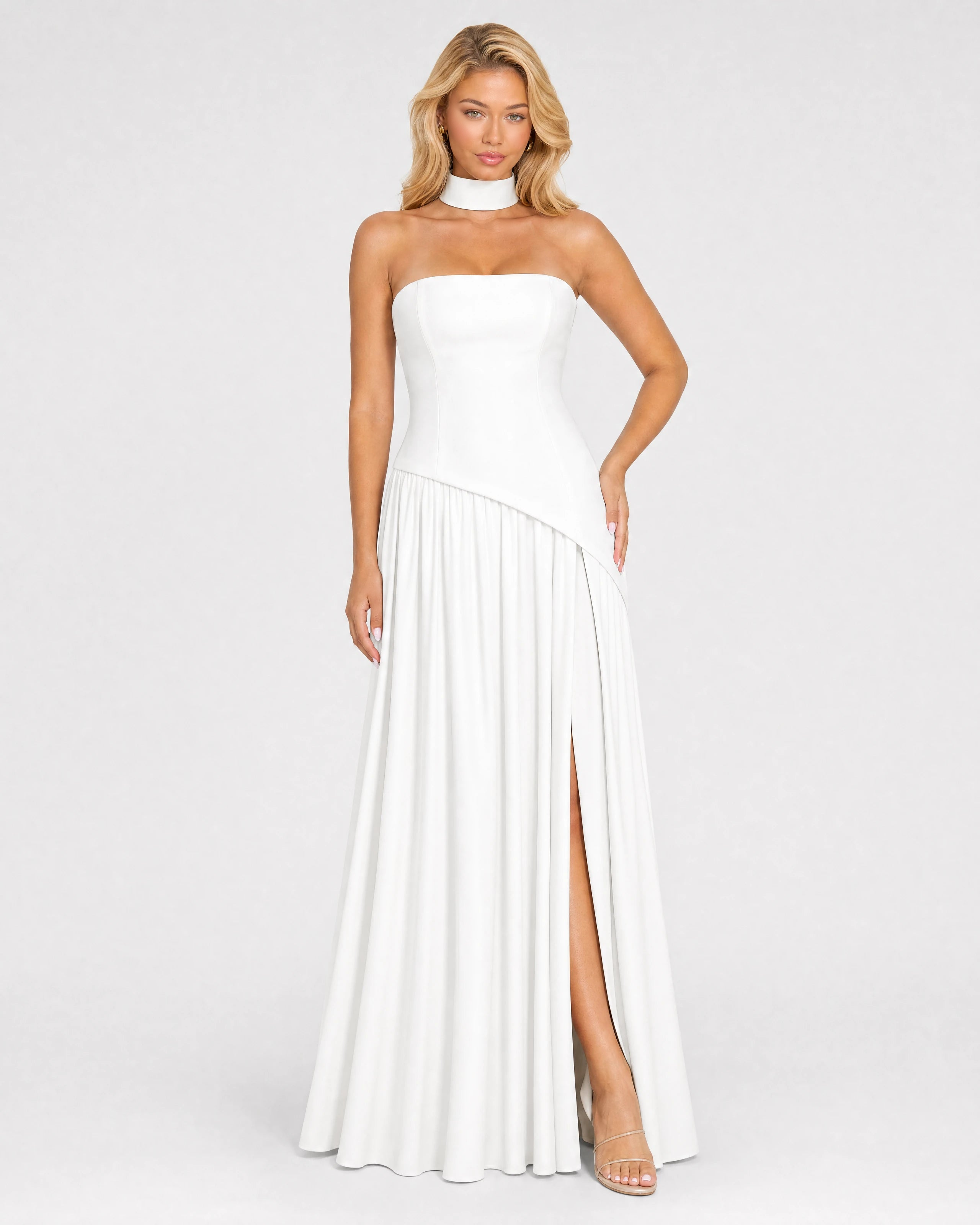 Bianca white choker-neck maxi dress - front three-quarter