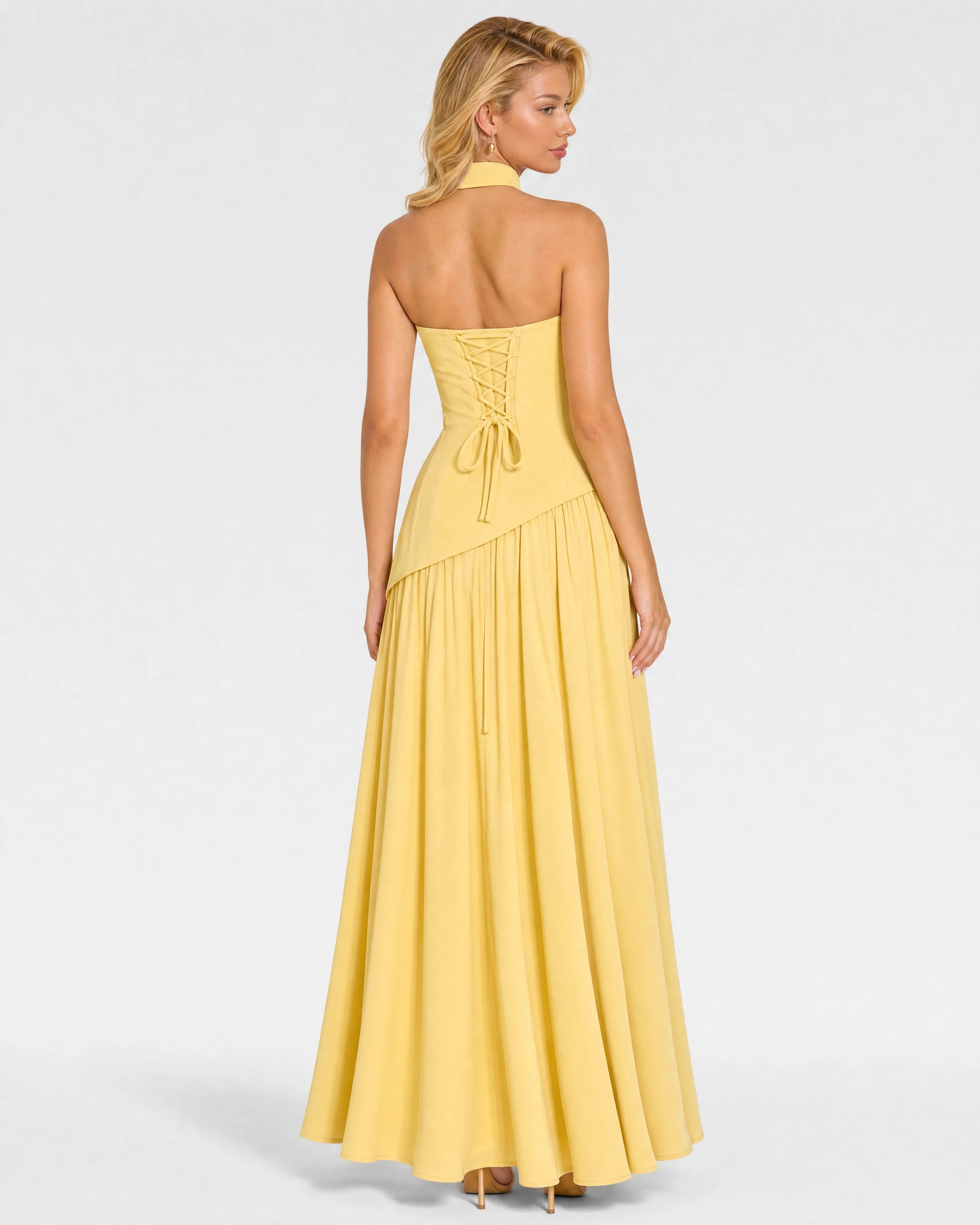 Bianca butter yellow choker-neck maxi dress - back with lace-up