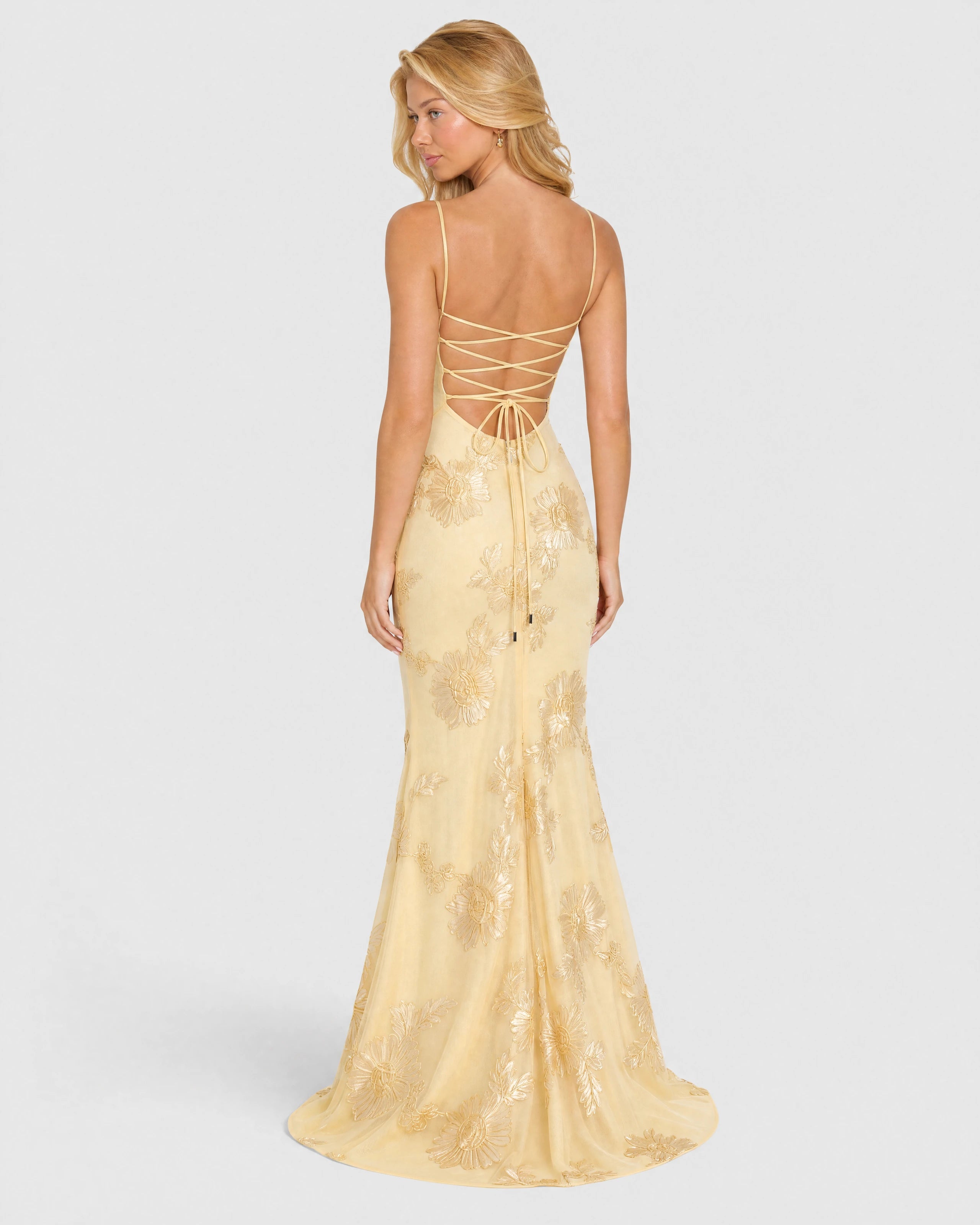 Celeste butter yellow embroidered mermaid gown - back with lace-up