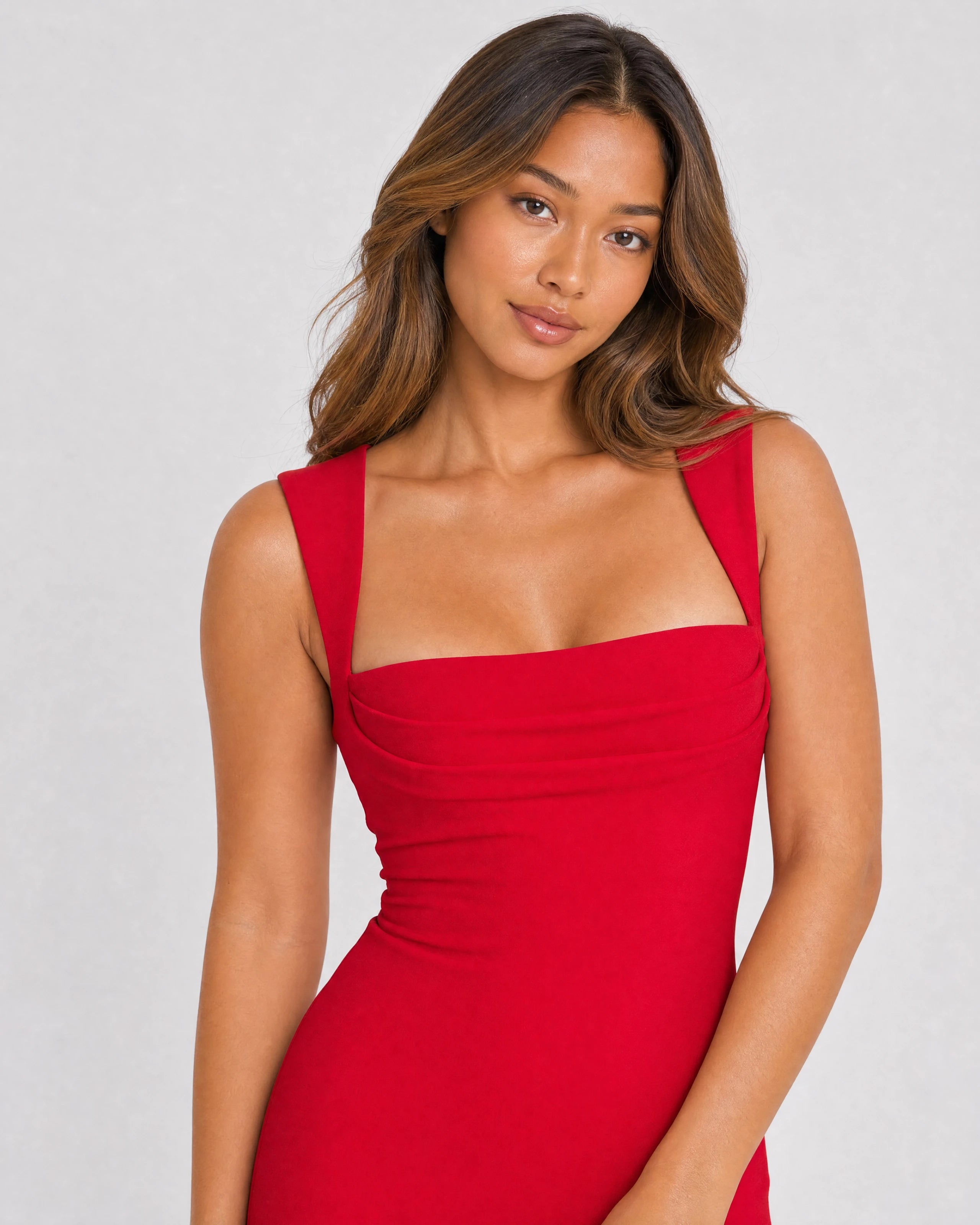 Celine square neck maxi dress in red, waist-up close-up