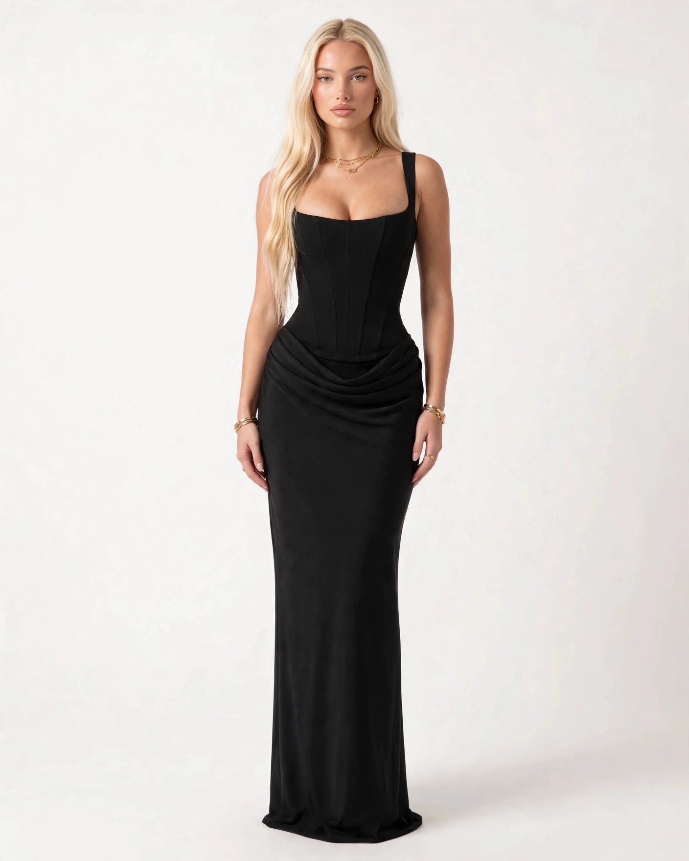 Coralie black corset draped maxi dress with square neckline - front view