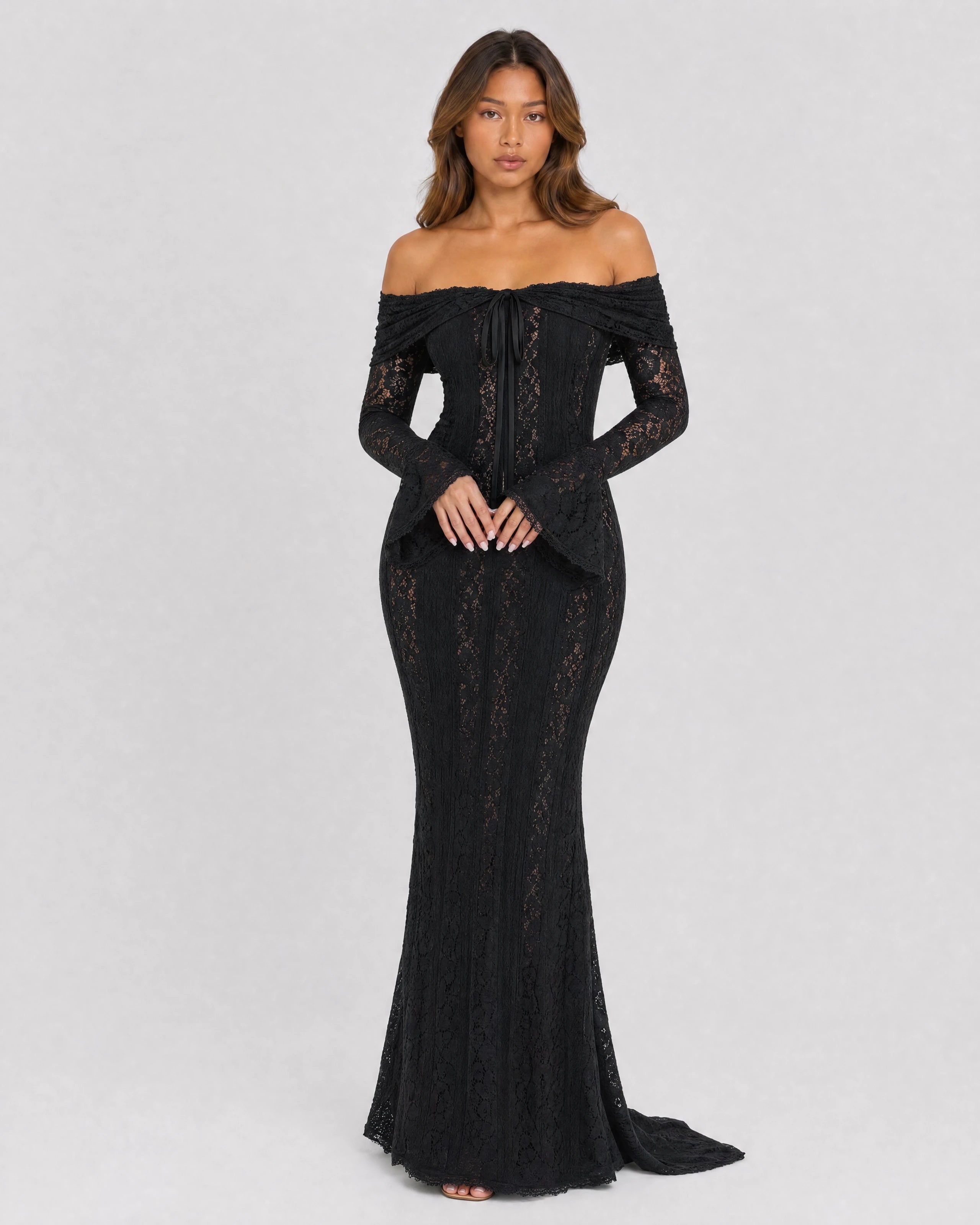 Genevieve off-shoulder lace maxi gown in black, front variant