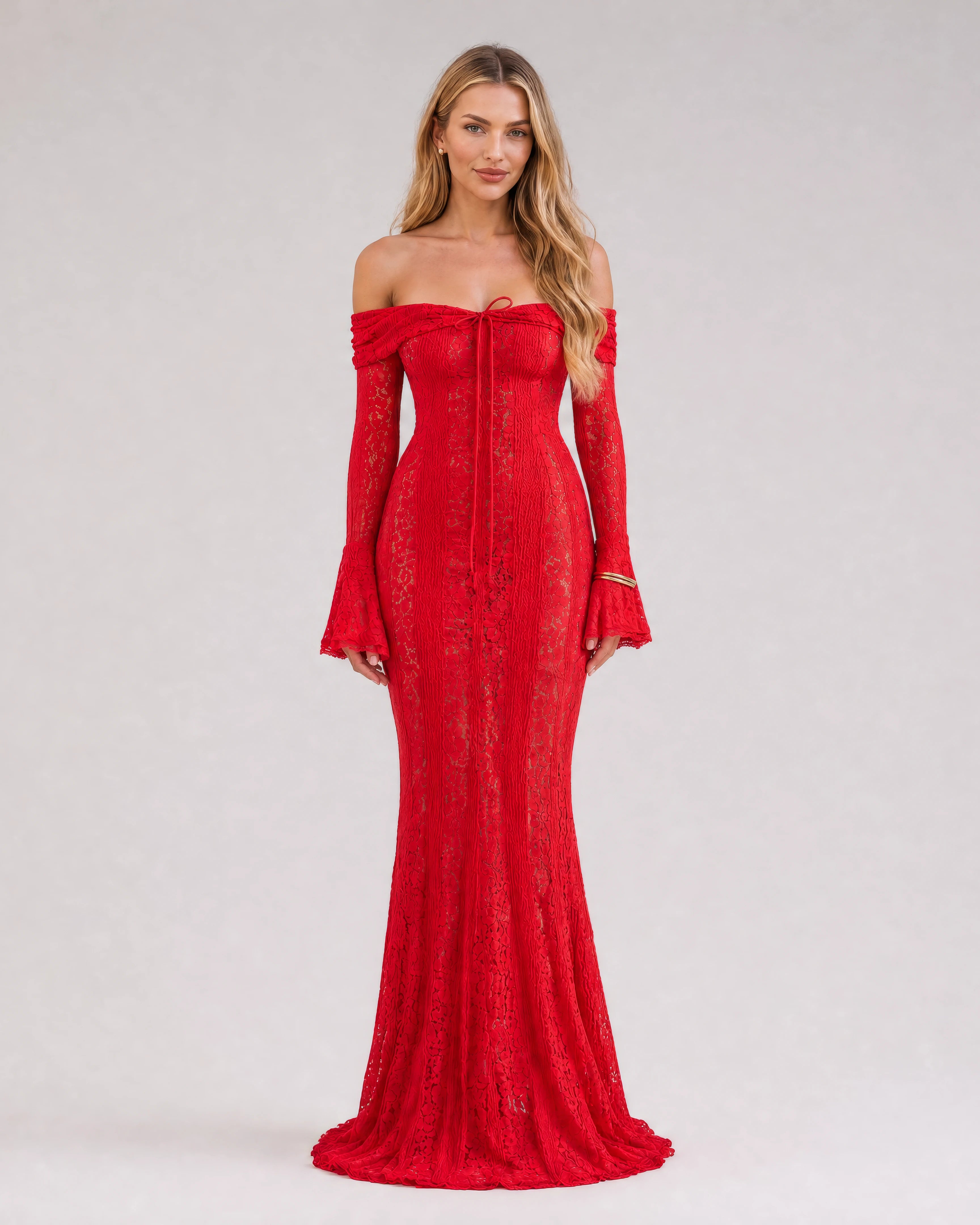 Genevieve off-shoulder lace maxi gown in red, studio front
