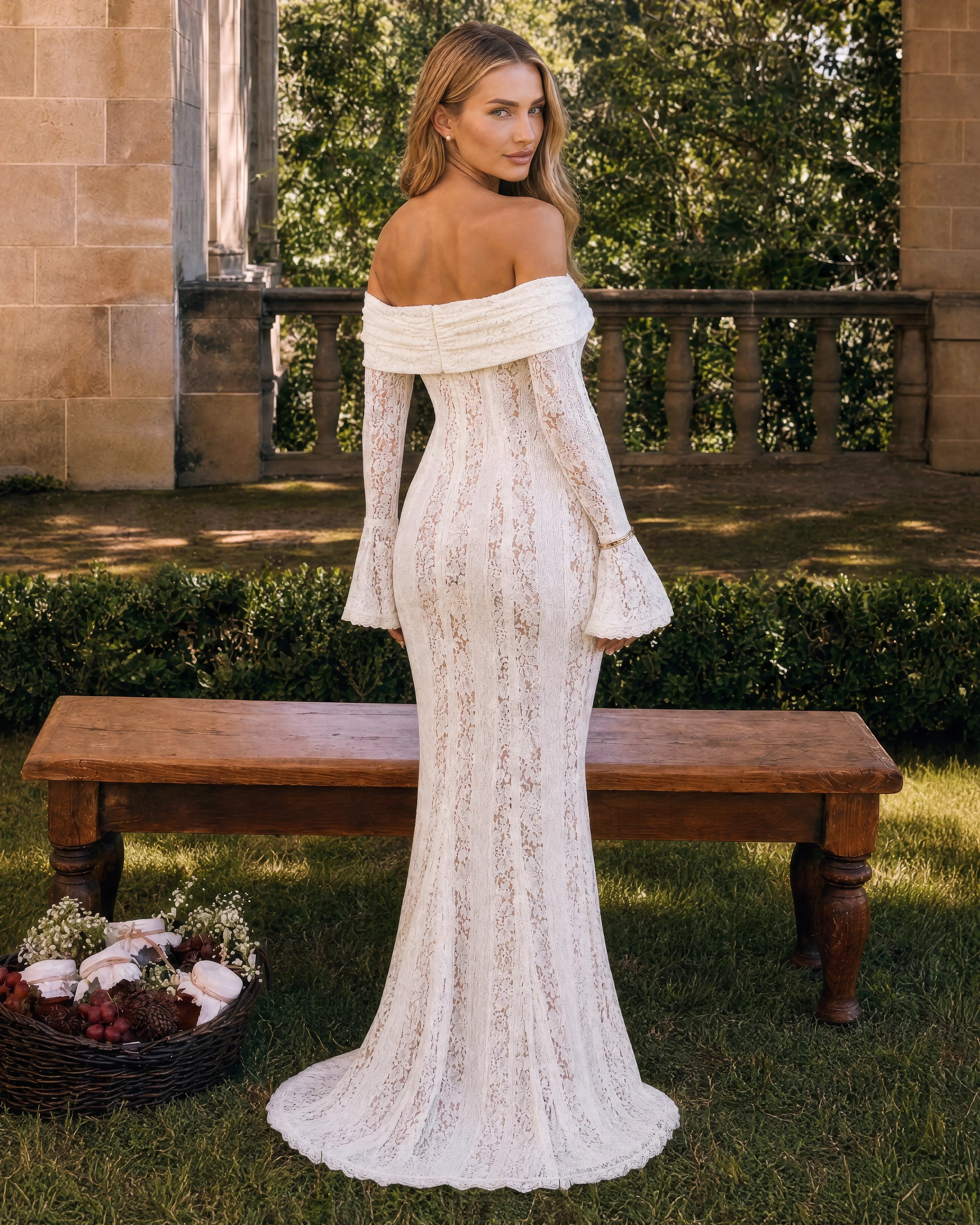 Genevieve off-shoulder lace maxi gown in ivory, back