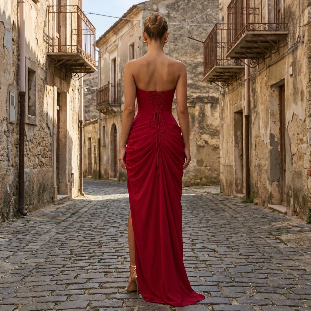 Séraphine | Wine Red Corset Maxi Gown with Draped Pleats & Side Split