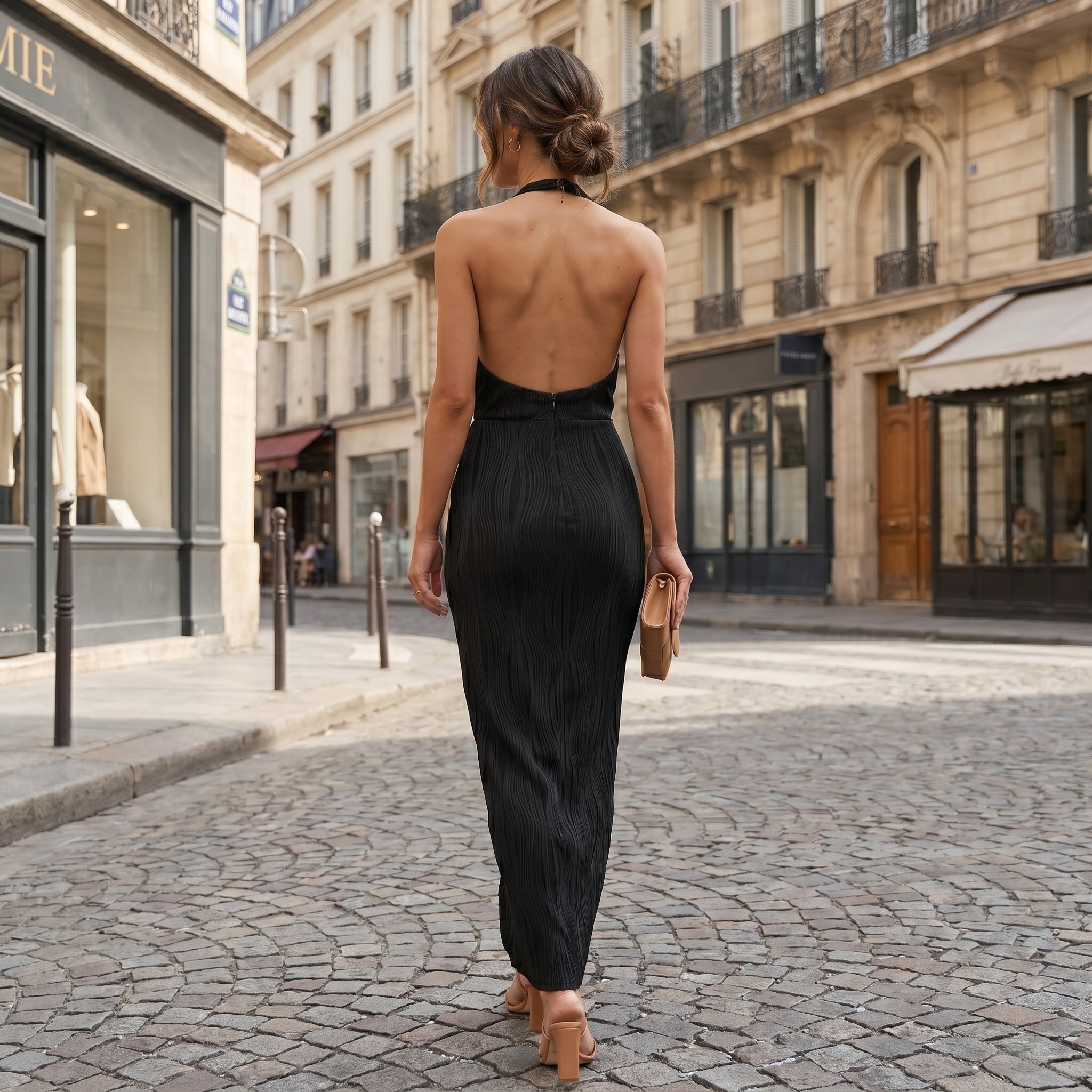 Vivienne | Black Halter Neck Pleated Maxi Dress with Open Back