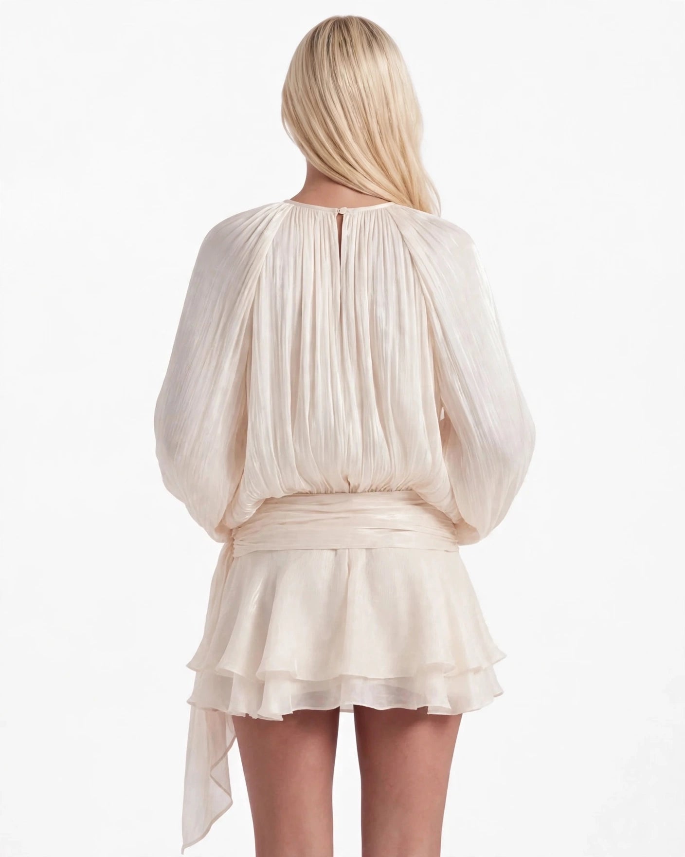 Juliette champagne pleated ruffle mini dress - back view with keyhole