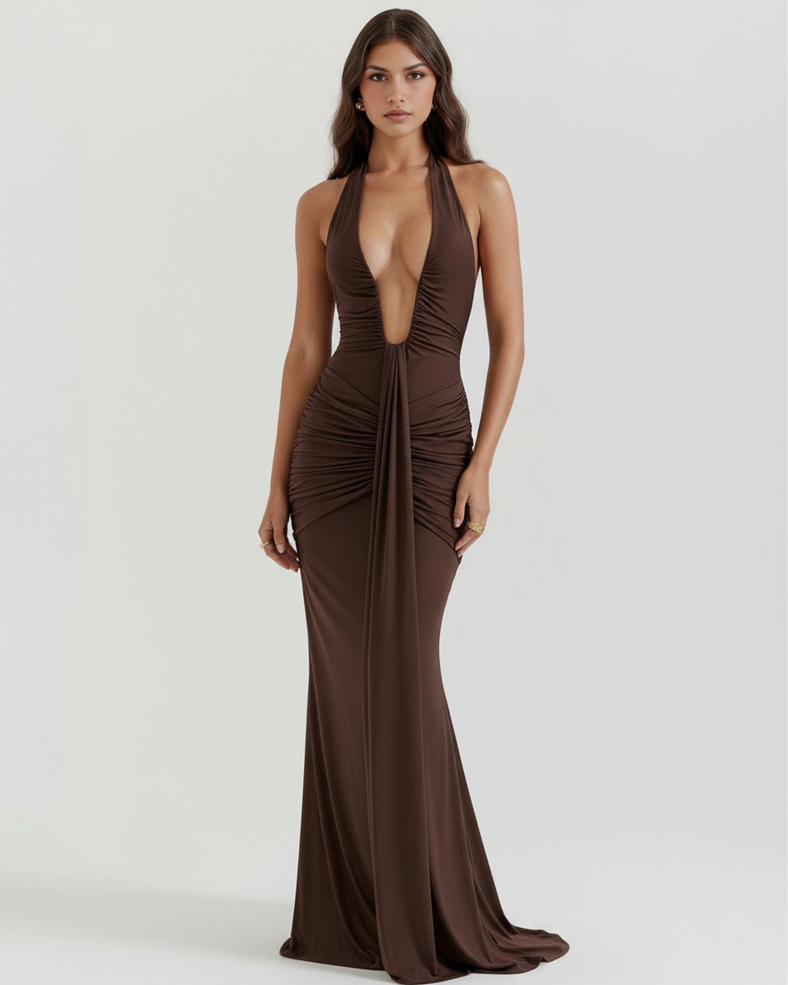 Liliane chocolate brown plunge halter maxi dress - front