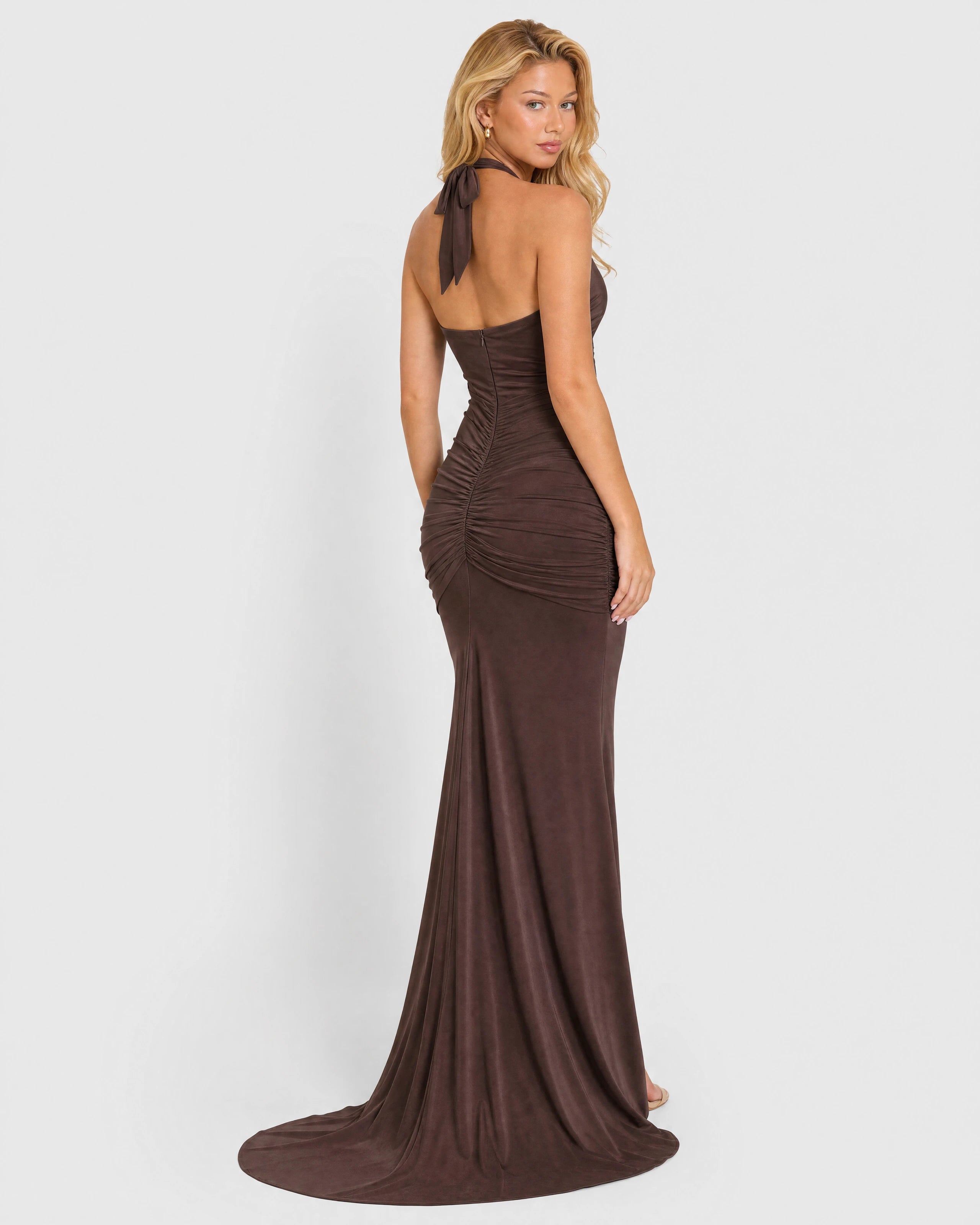 Liliane chocolate brown plunge halter maxi dress - back three-quarter
