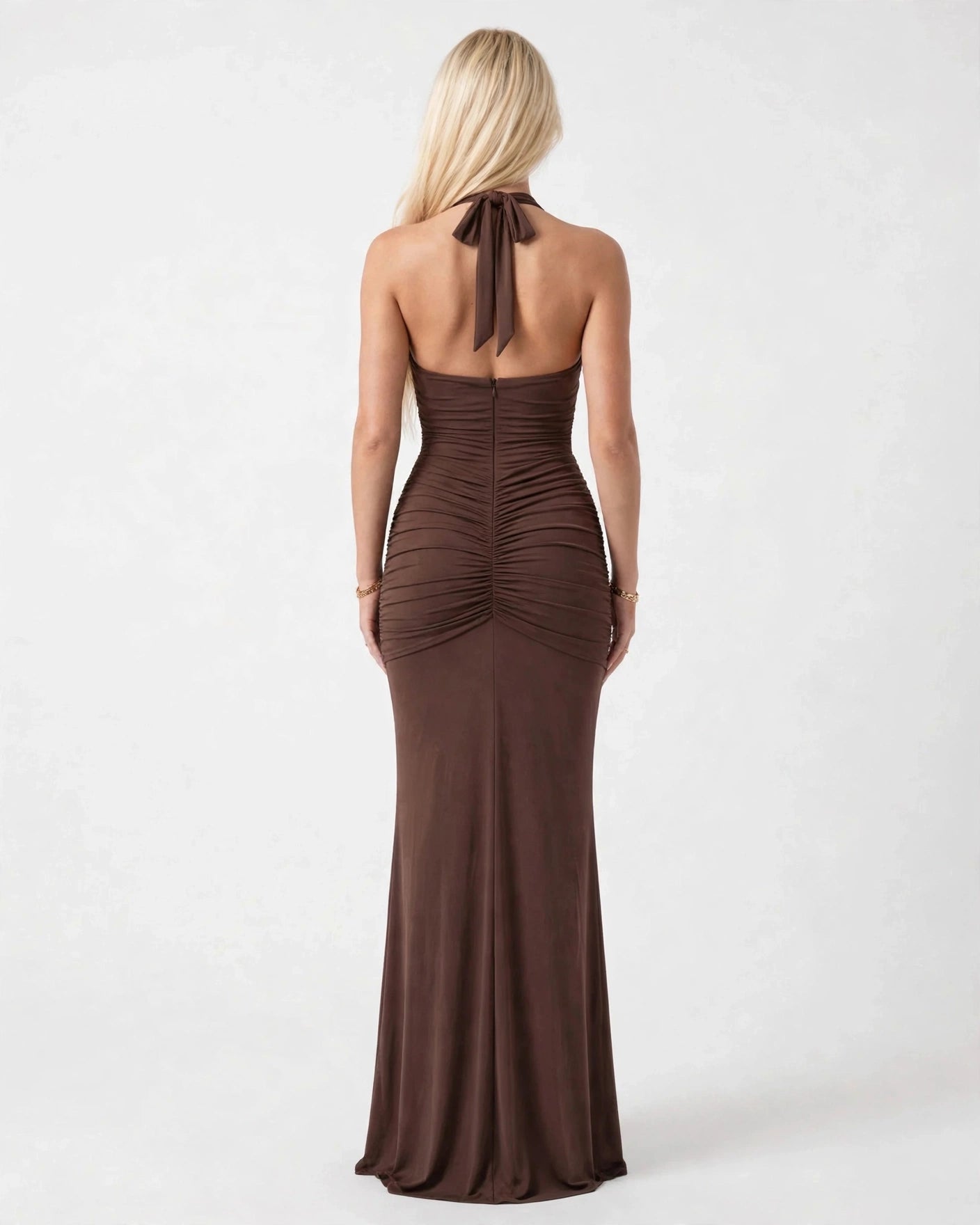 Liliane chocolate brown plunge halter maxi dress - open back with tie detail