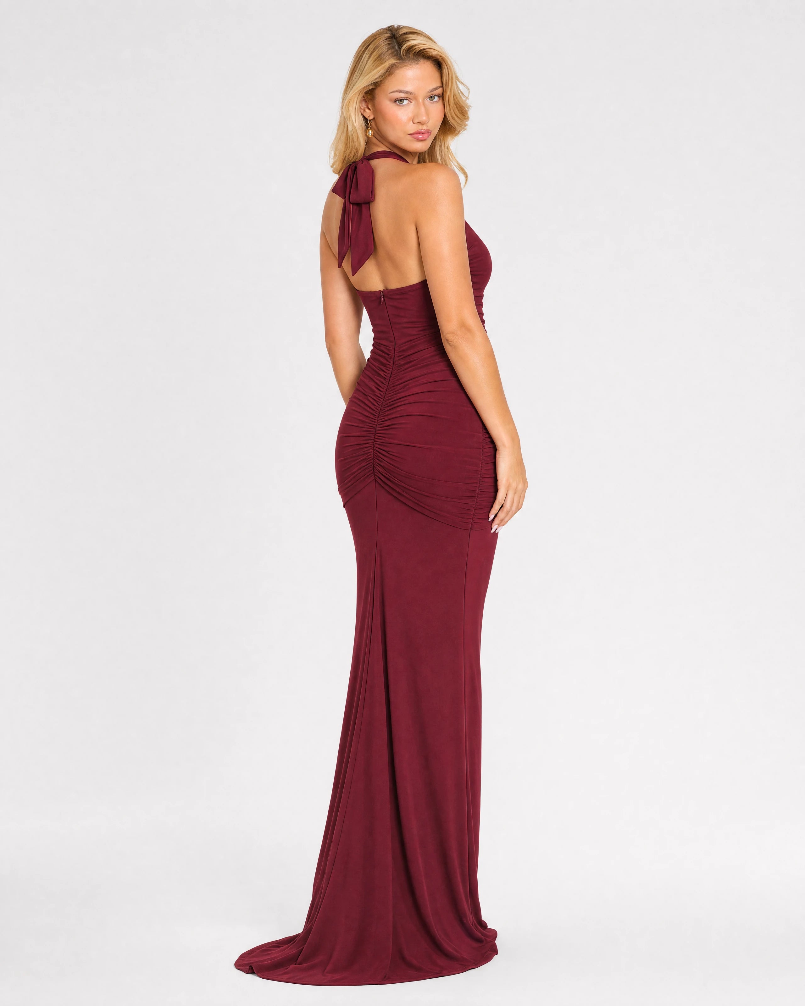 Liliane burgundy plunge halter maxi dress - back three-quarter