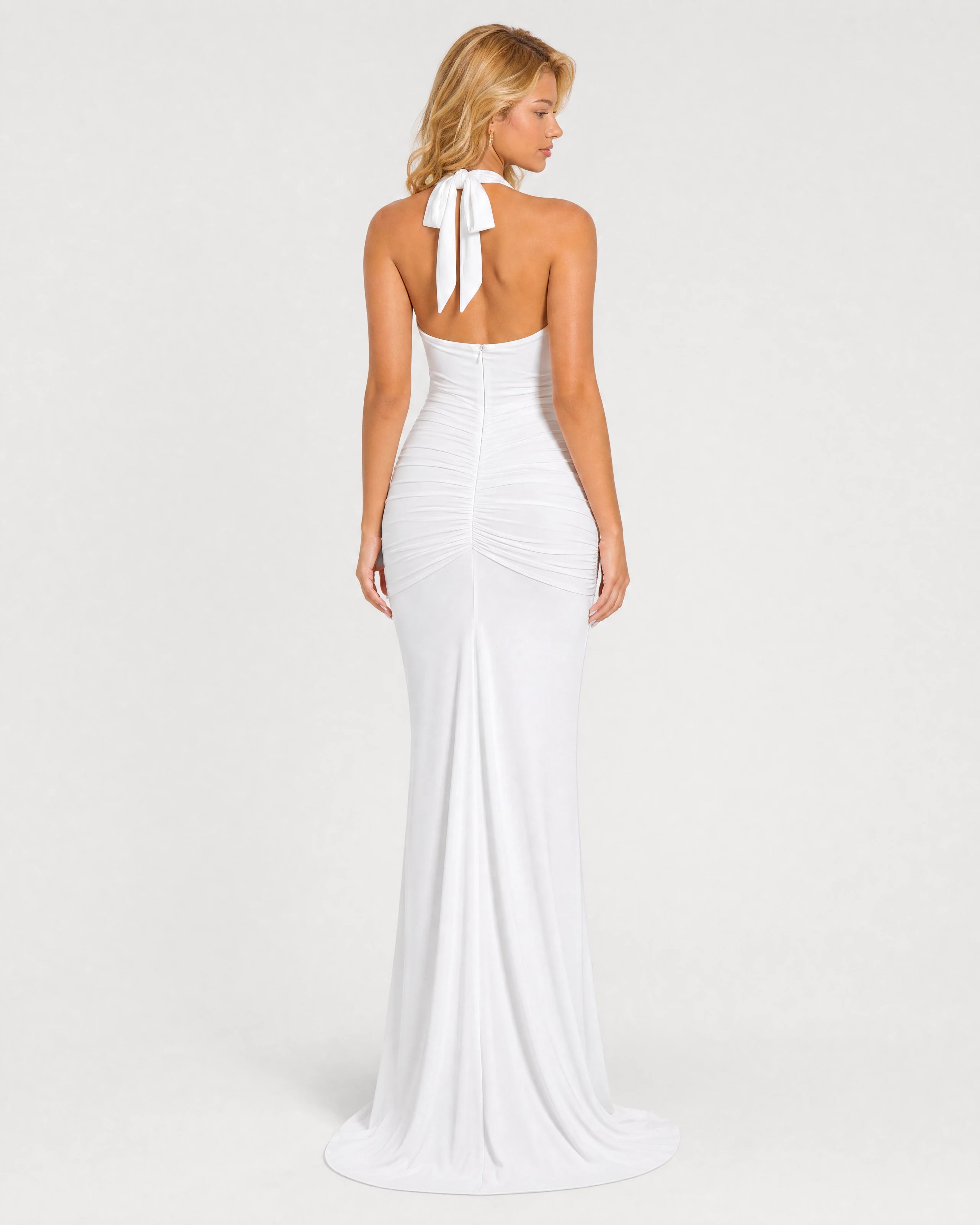 Liliane white plunge halter maxi dress - back with halter bow