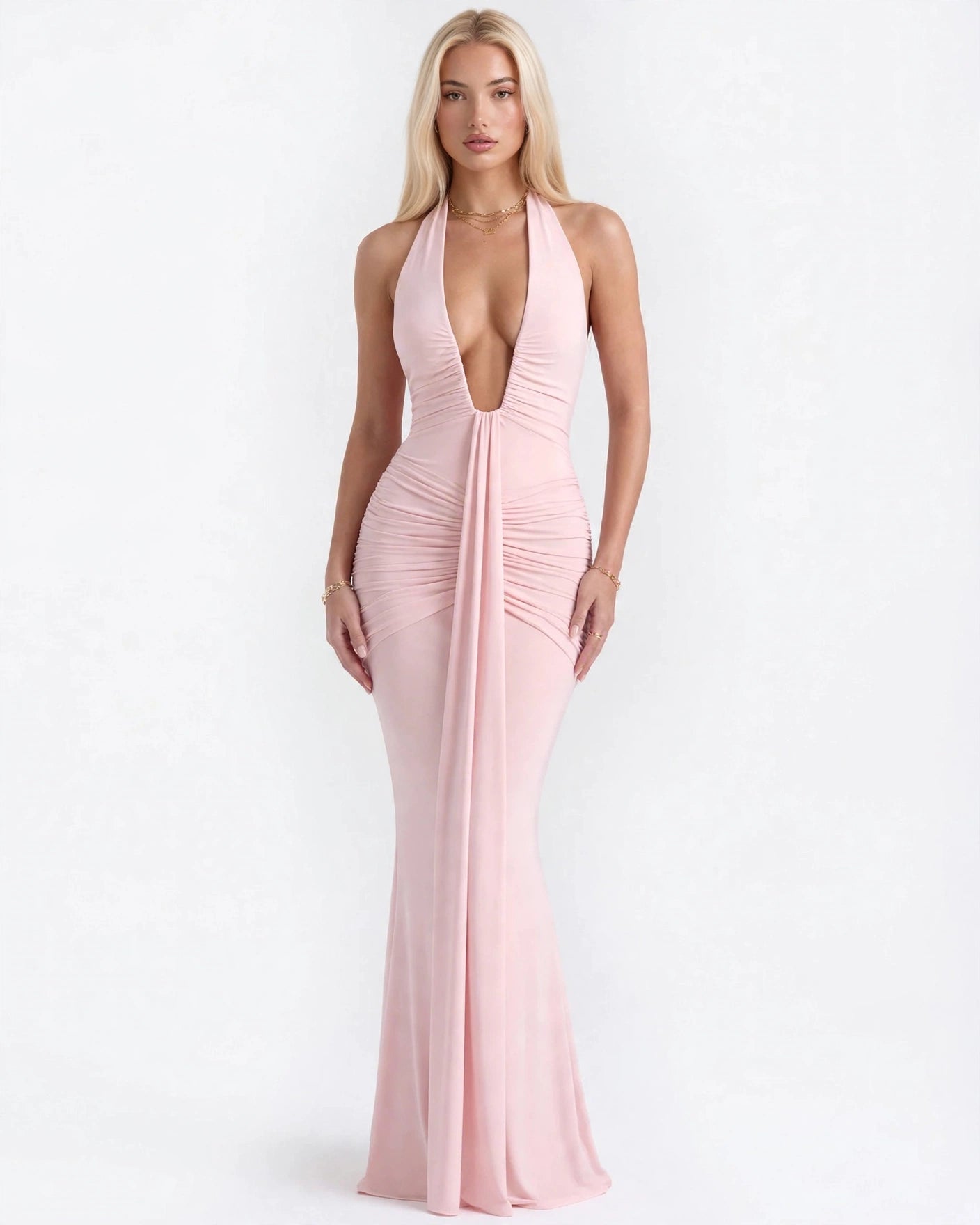 Liliane blush pink plunge halter maxi dress - full length front view