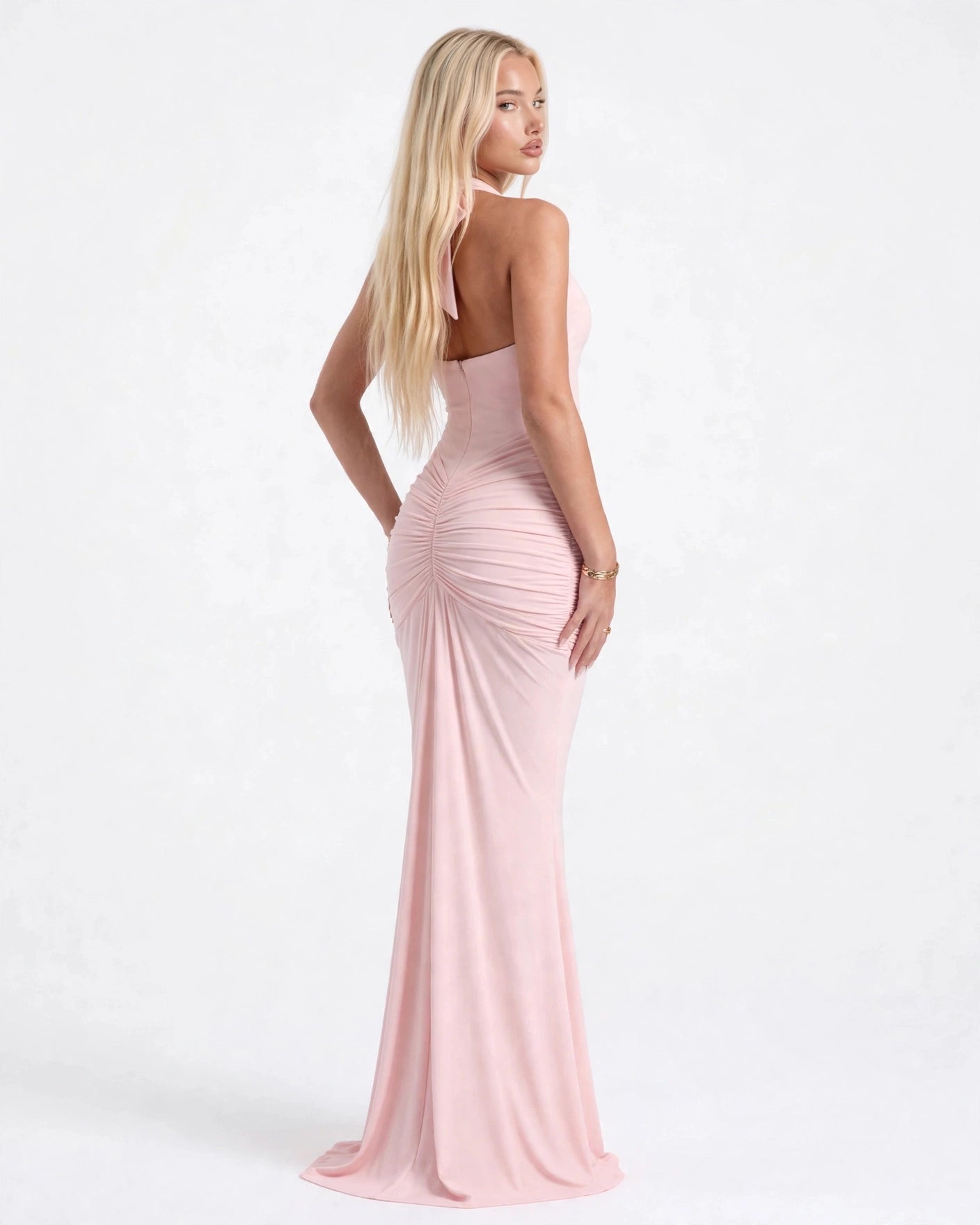 Liliane blush pink plunge halter maxi dress - back three-quarter view