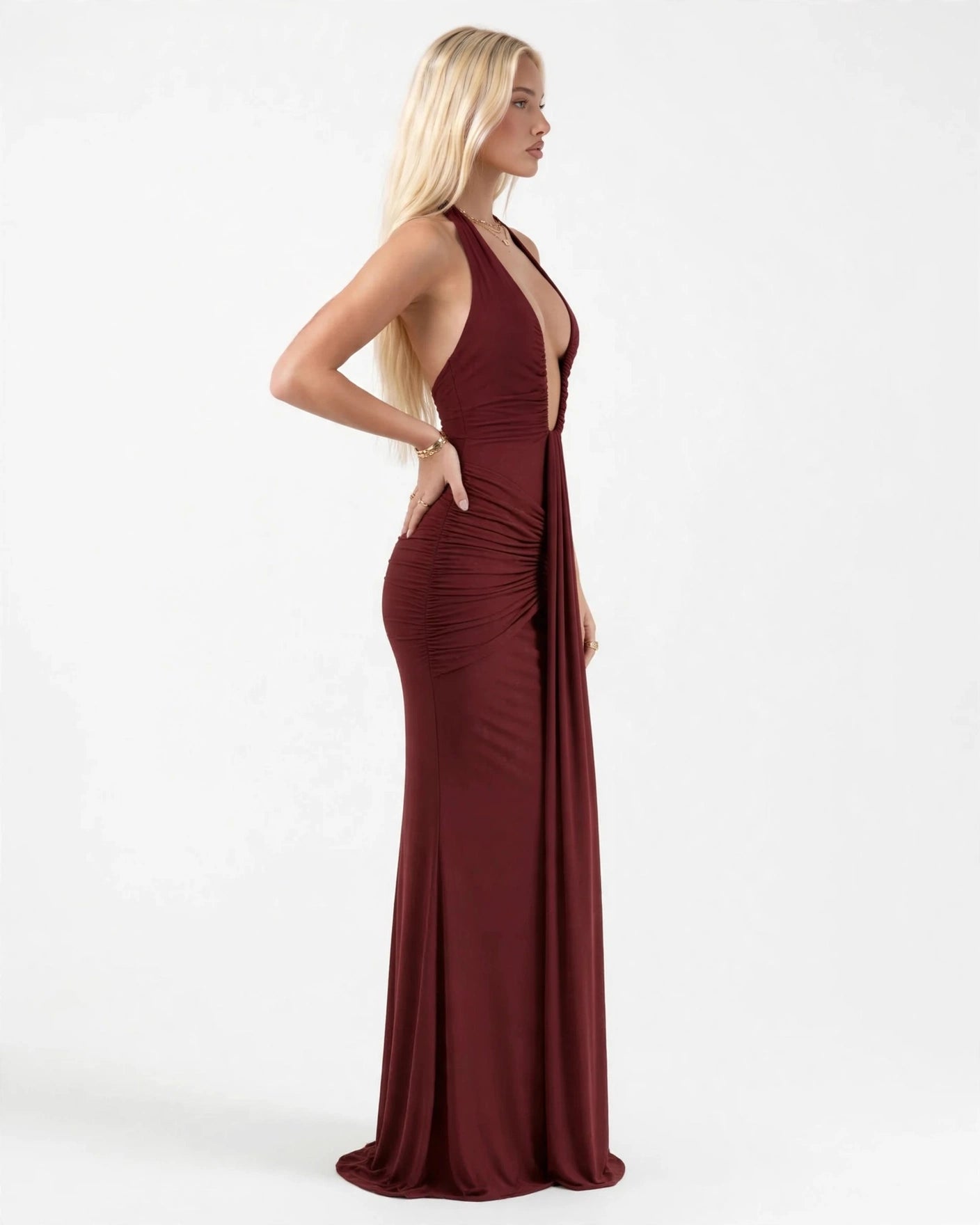 Liliane wine red plunge halter maxi dress - side view