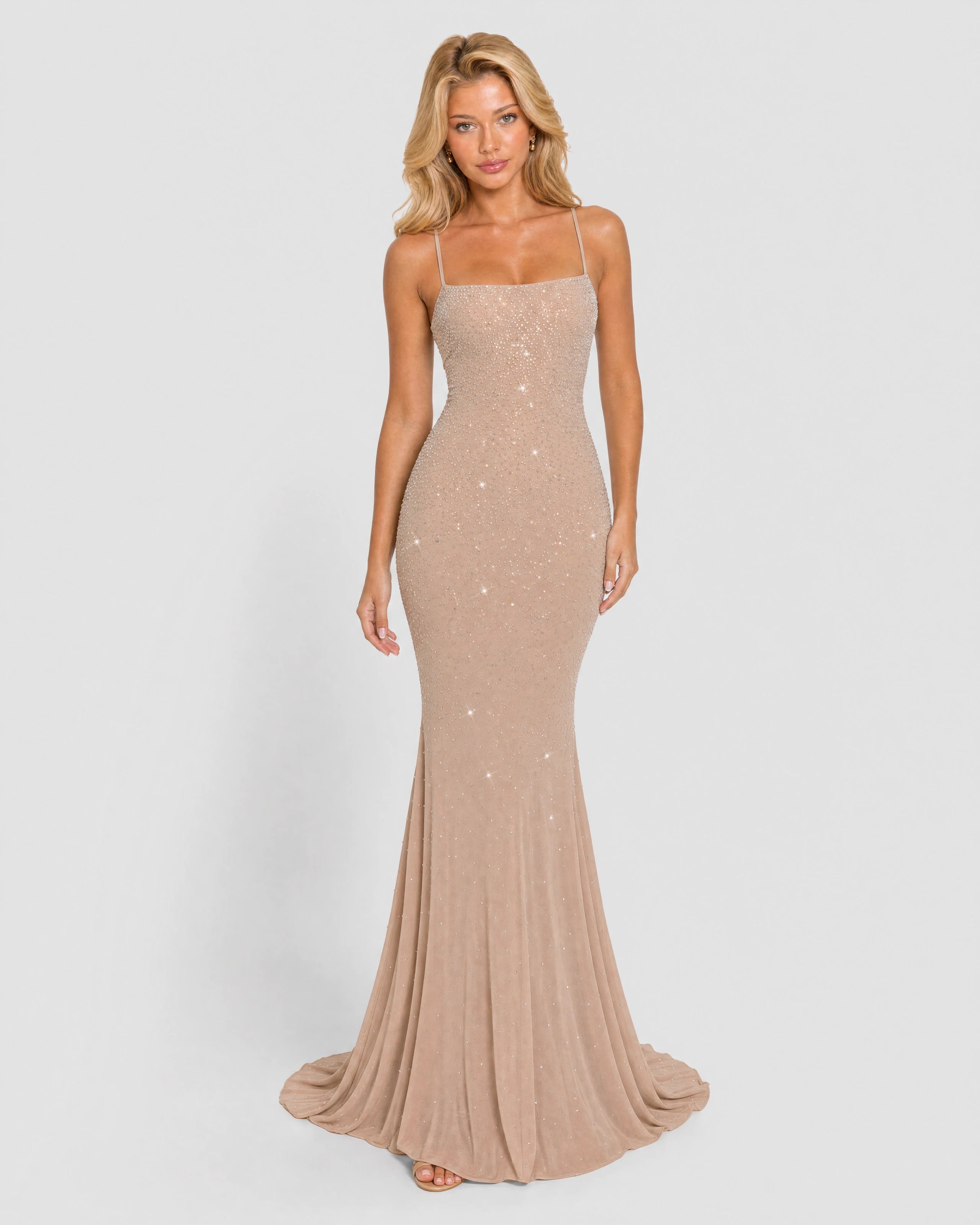 Lucia champagne rhinestone maxi dress - front
