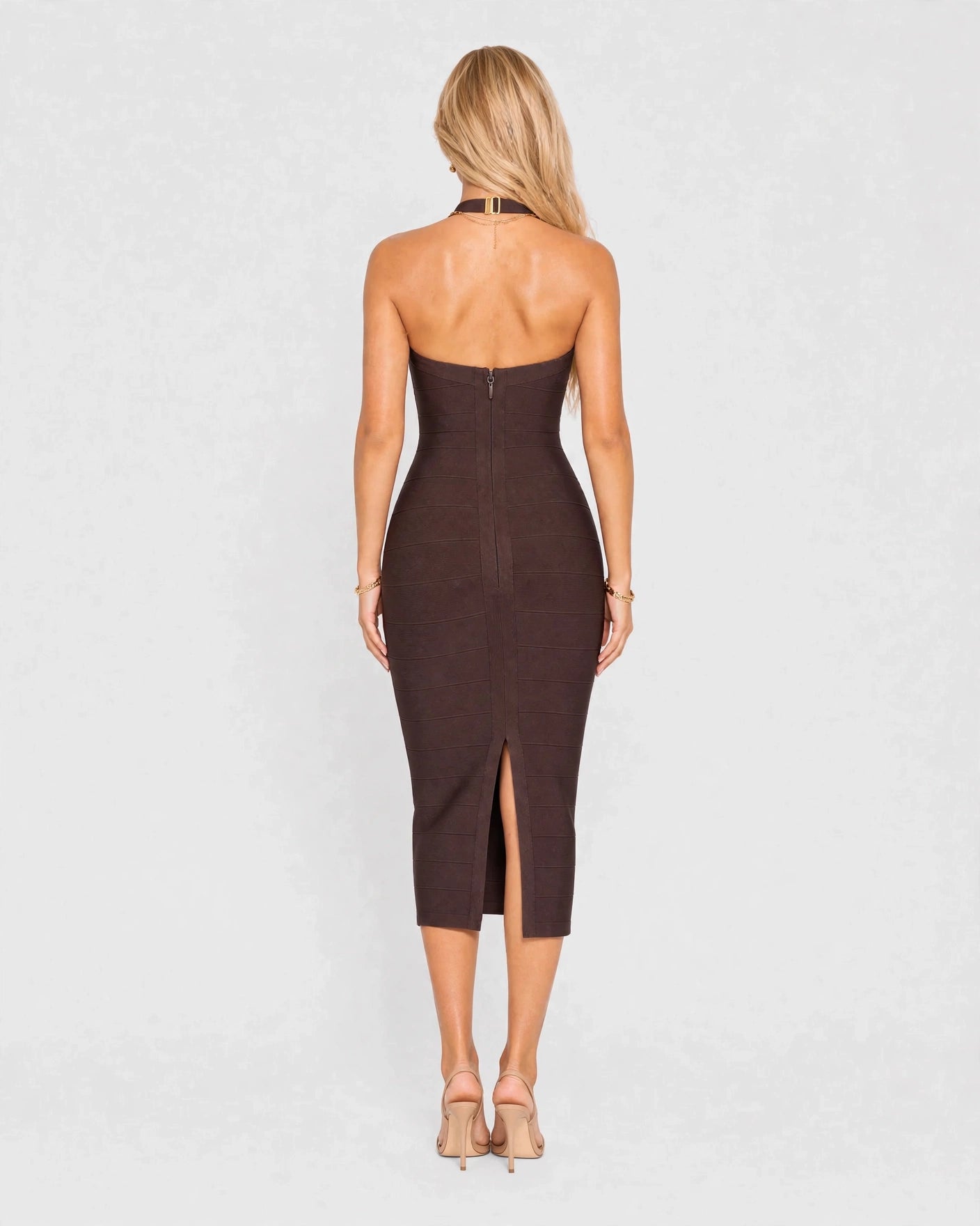 Margaux chocolate brown bandage midi dress with back split, back view